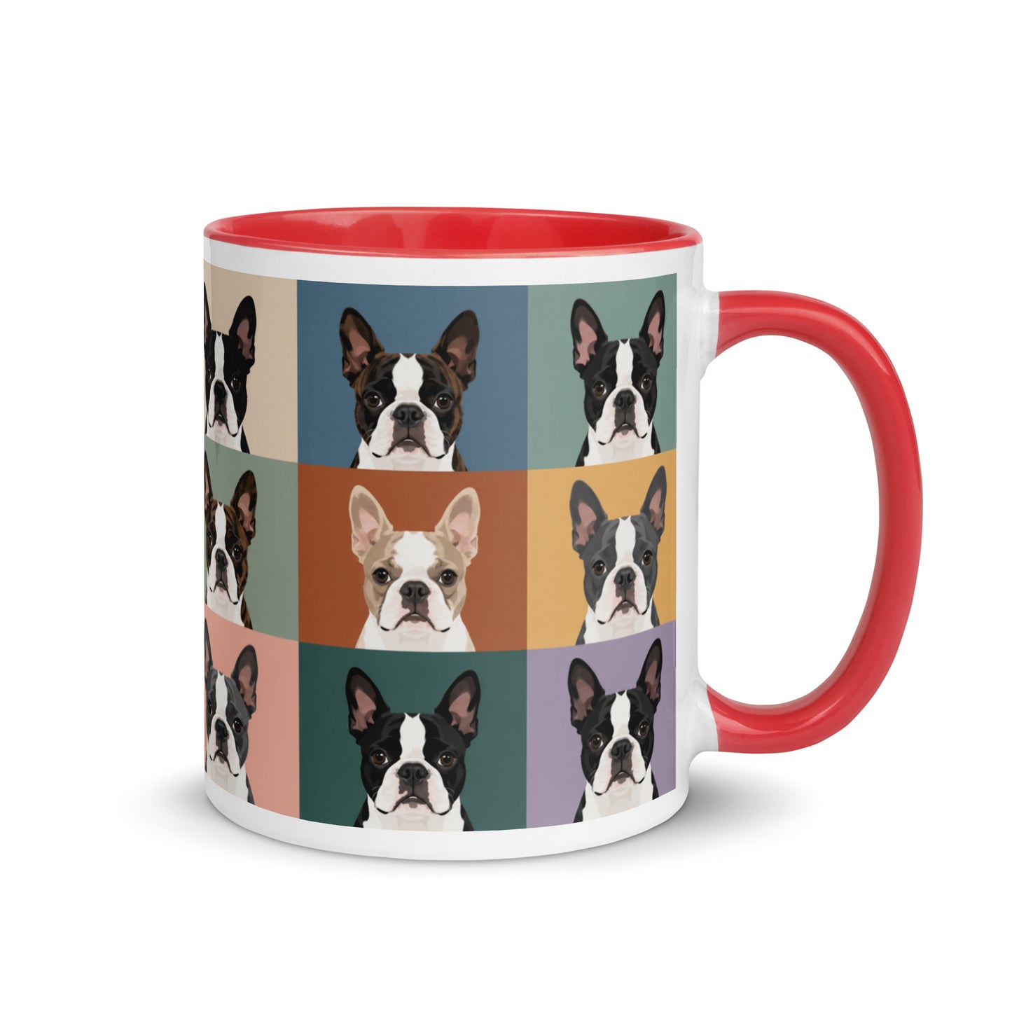 Pop Art Style Colored Boston Terriers Modern Tiles Pattern Mug . Red 11 oz