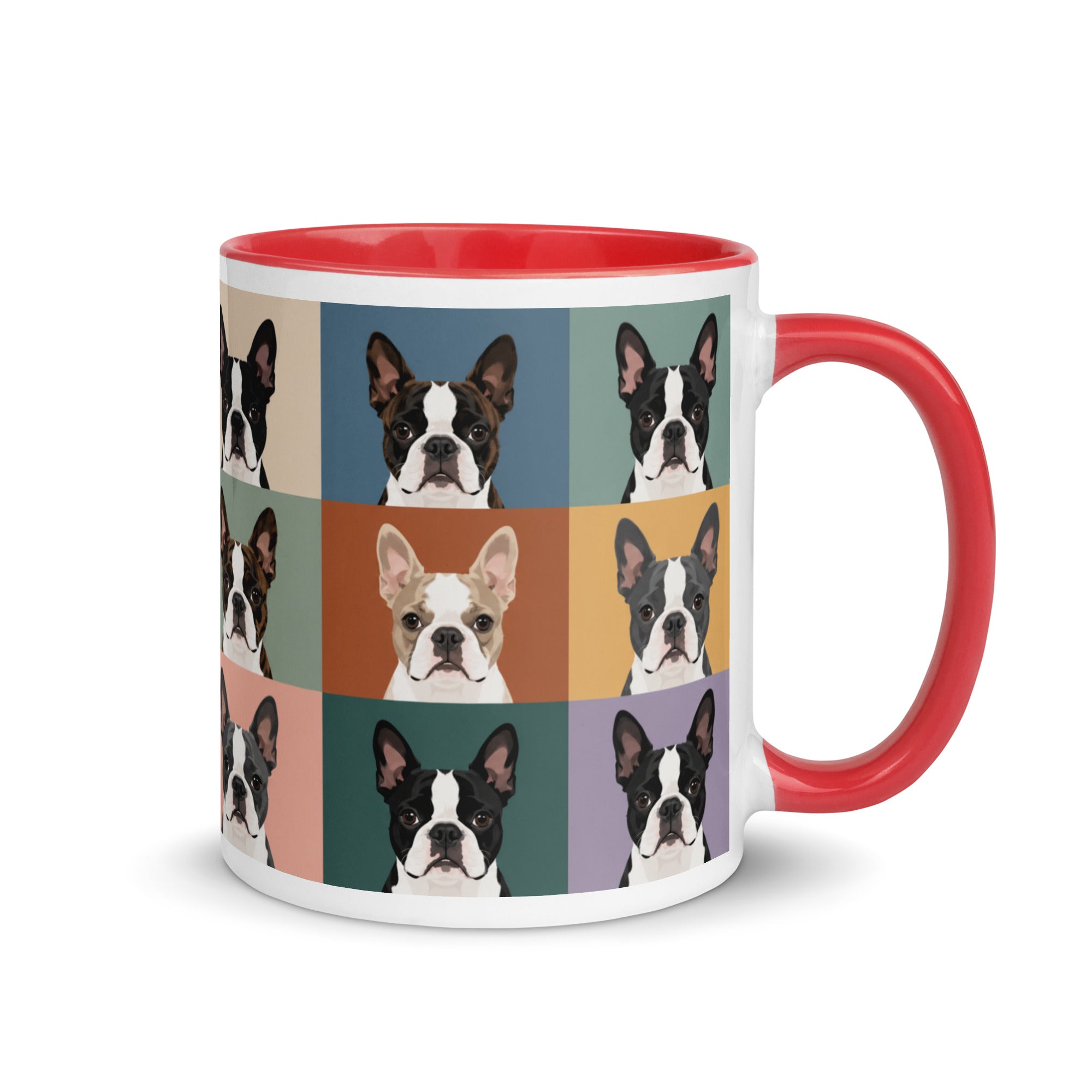 Pop Art Style Colored Boston Terriers Modern Tiles Pattern Mug . Red 11 oz