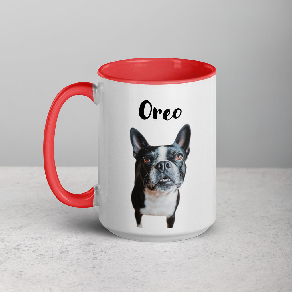 Custom Dog Mug Using Boston Terrier Photo(s) + Name(s) - Mug with Color Inside