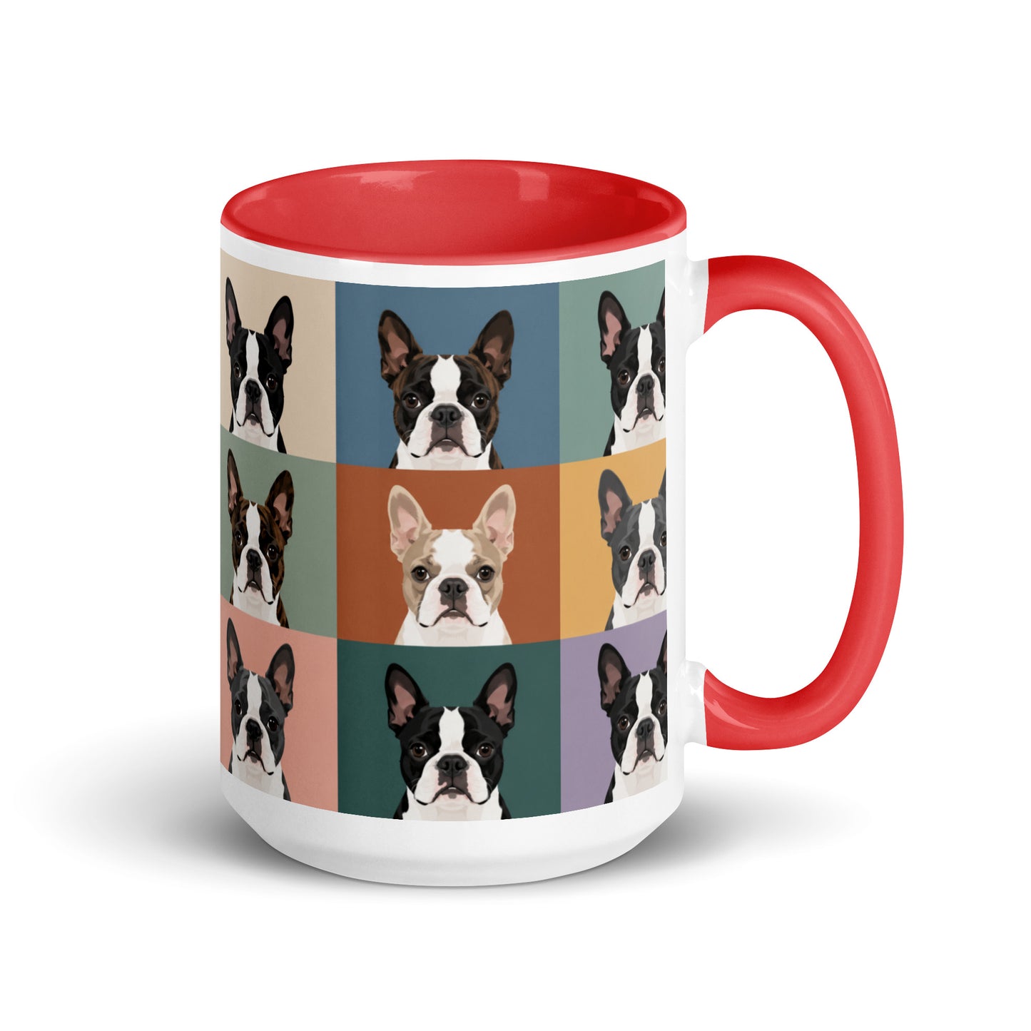 Pop Art Style Colored Boston Terriers Modern Tiles Pattern Mug . Red 15 oz