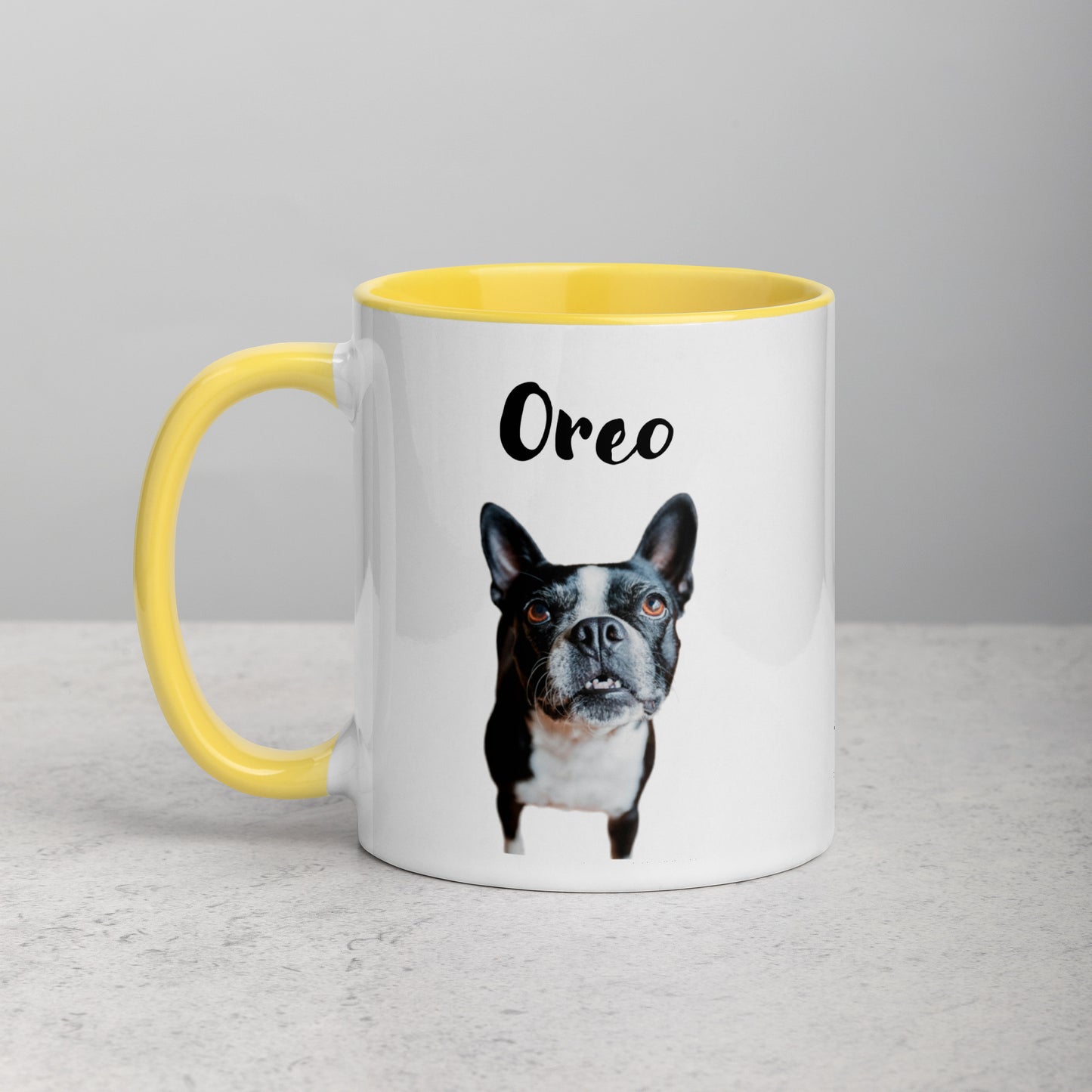 Custom Dog Mug Using Boston Terrier Photo(s) + Name(s) - Mug with Color Inside