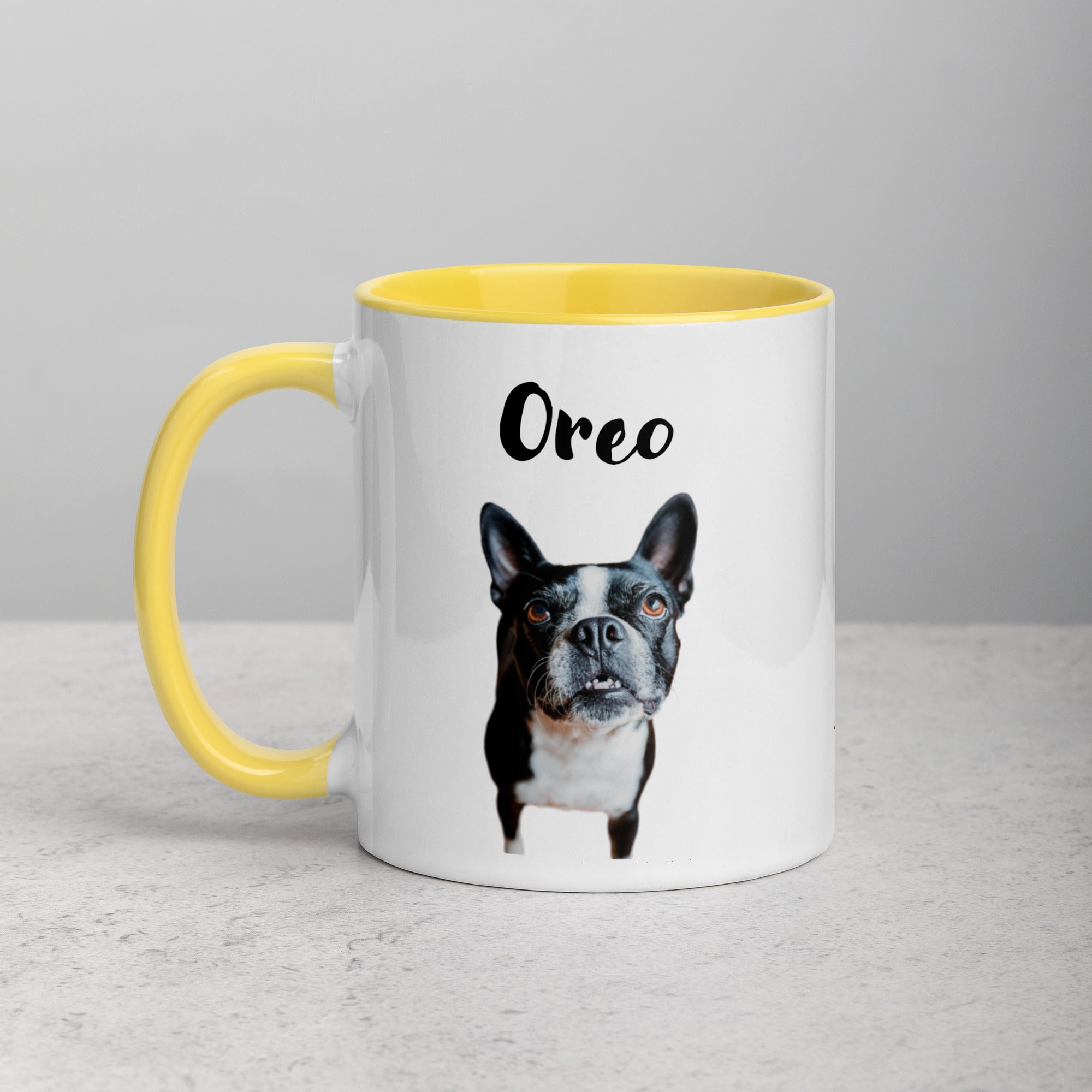 Custom Dog Mug Using Boston Terrier Photo(s) + Name(s) - Mug with Color Inside