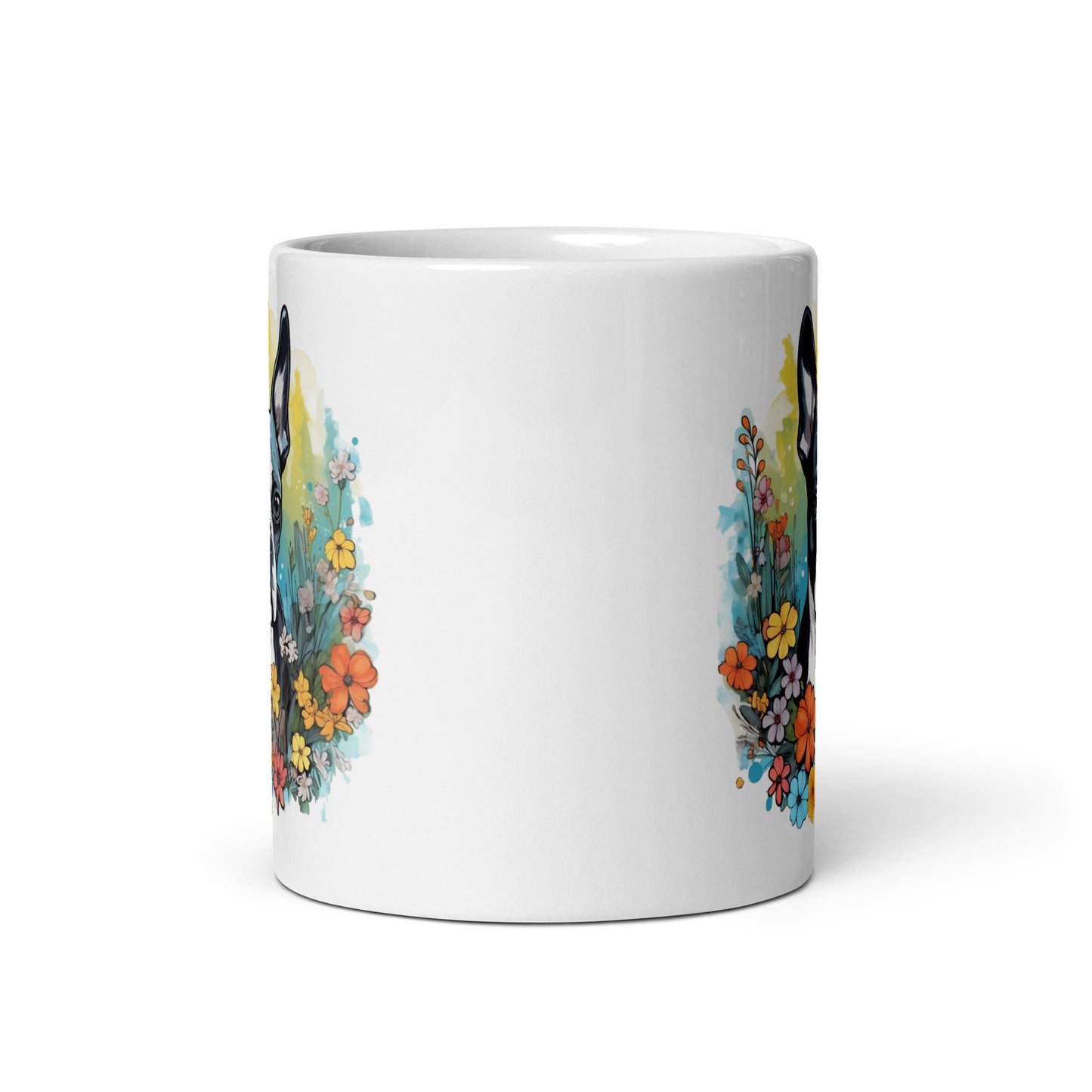 Boston Terrier Surrounded By Flowers White Glossy Mug