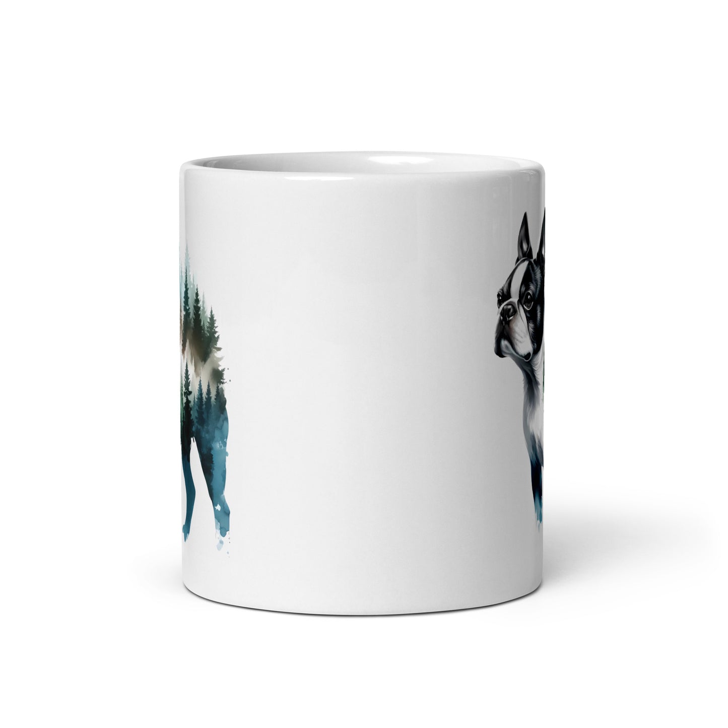 Watercolor Forest Boston Terrier Dog Portrait White Glossy Mug .