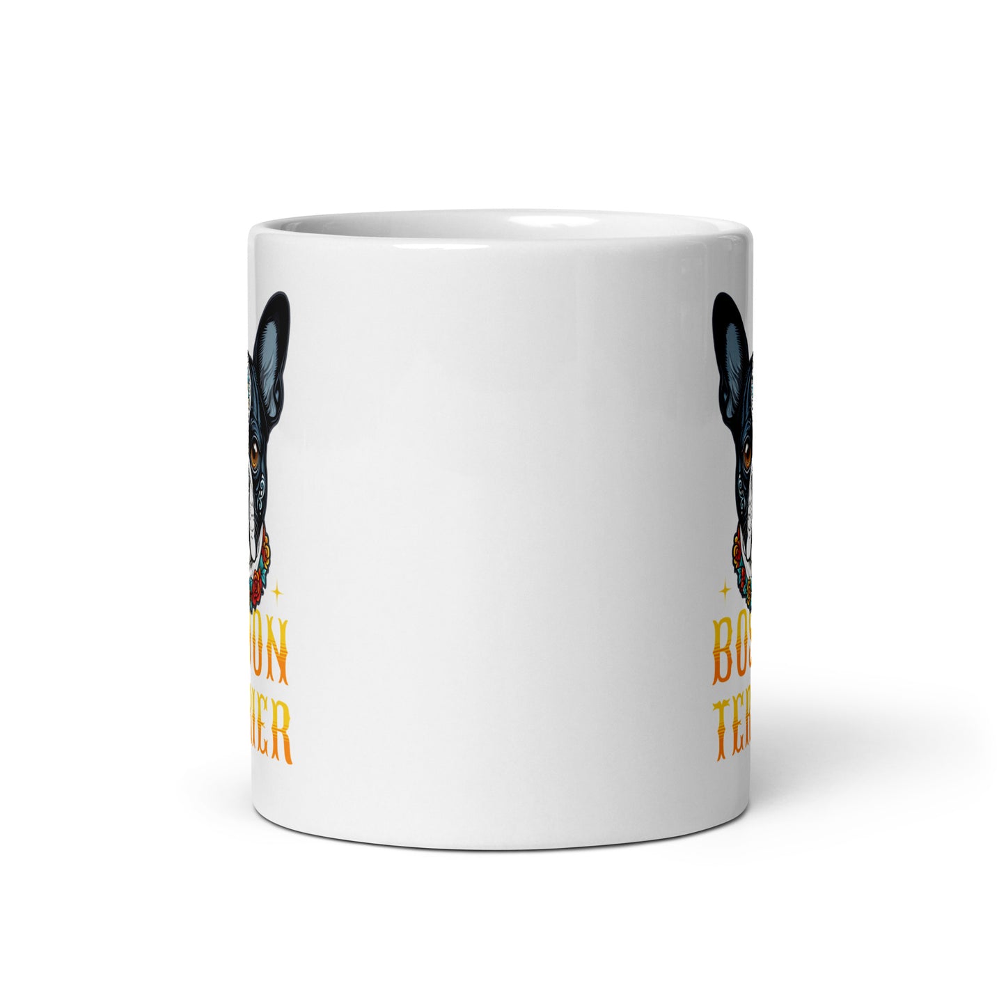 Boston Terrier Dog Sugar Skull White Glossy Mug .