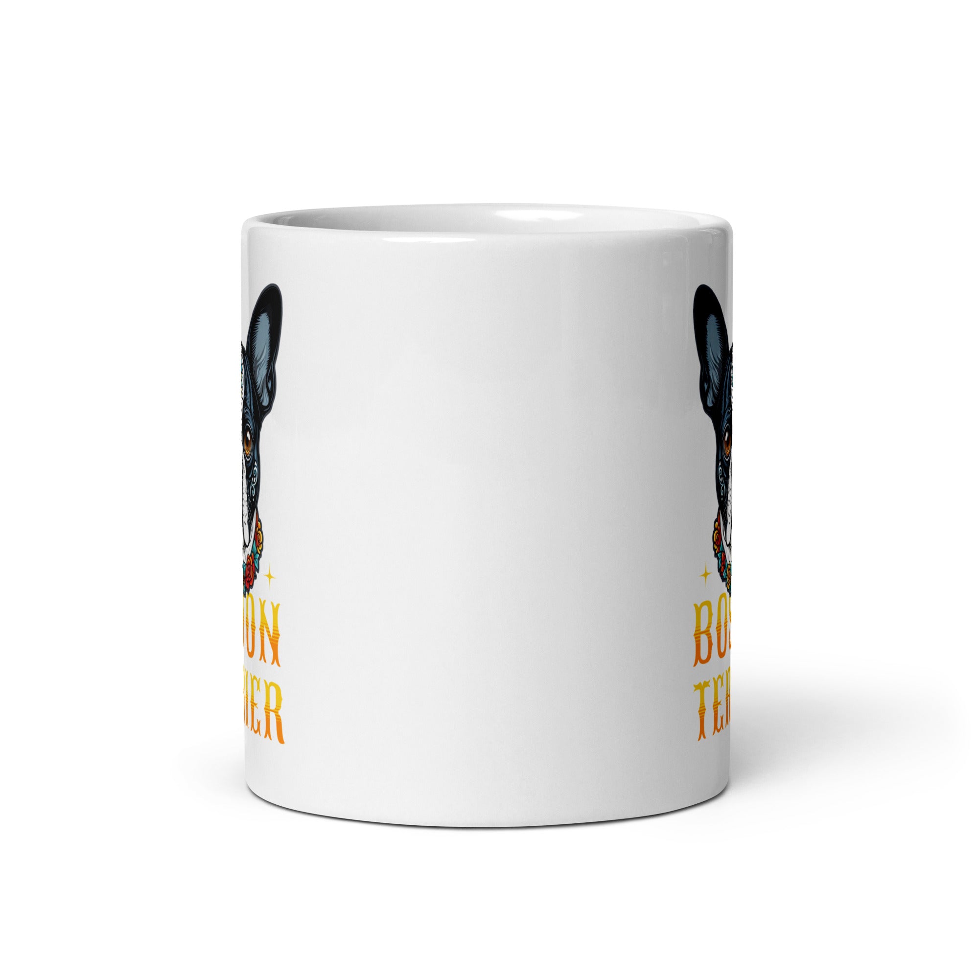 Boston Terrier Dog Sugar Skull White Glossy Mug .