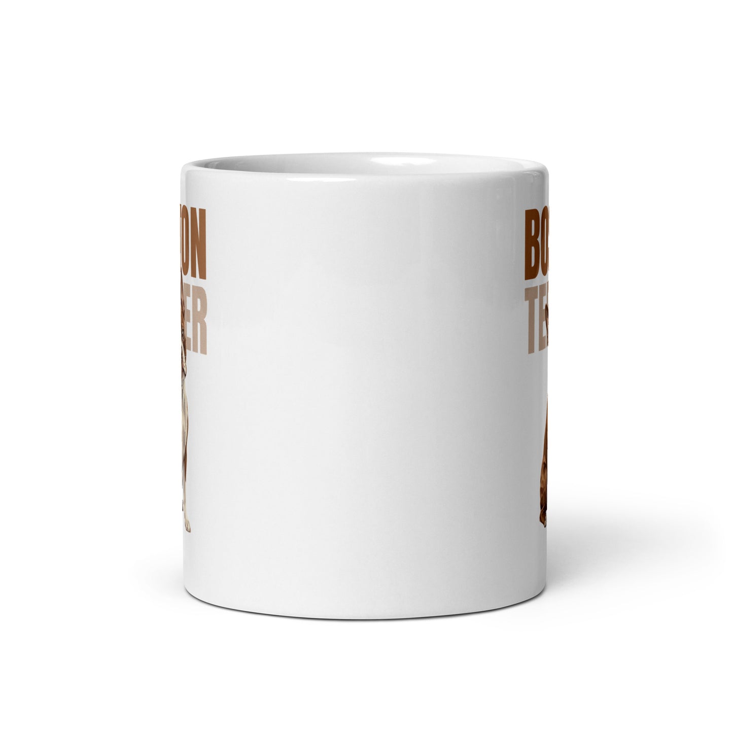 Brown Boston Terrier Dog White Glossy Mug .