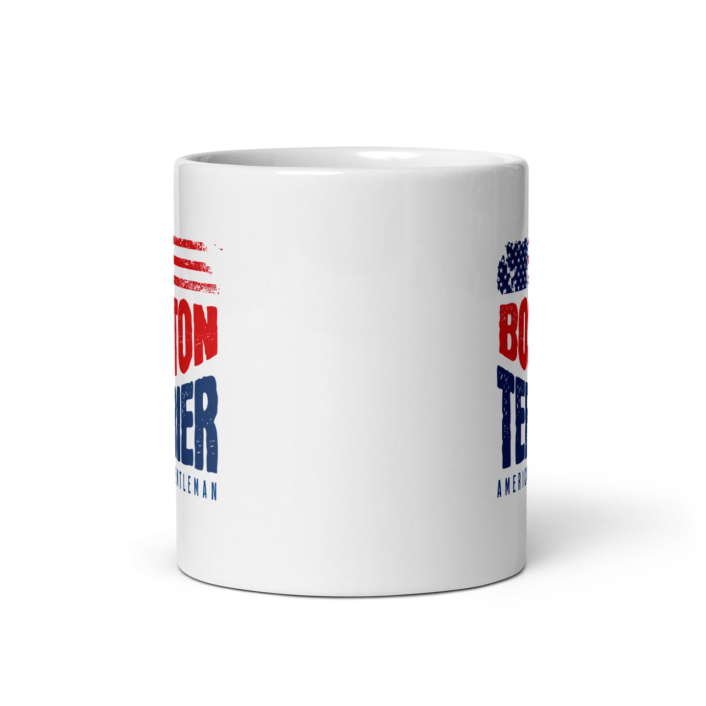 Boston Terrier American Flag White Glossy Mug – 4th of July Patriotic Dog Mug | USA 250th Birthday Mug .