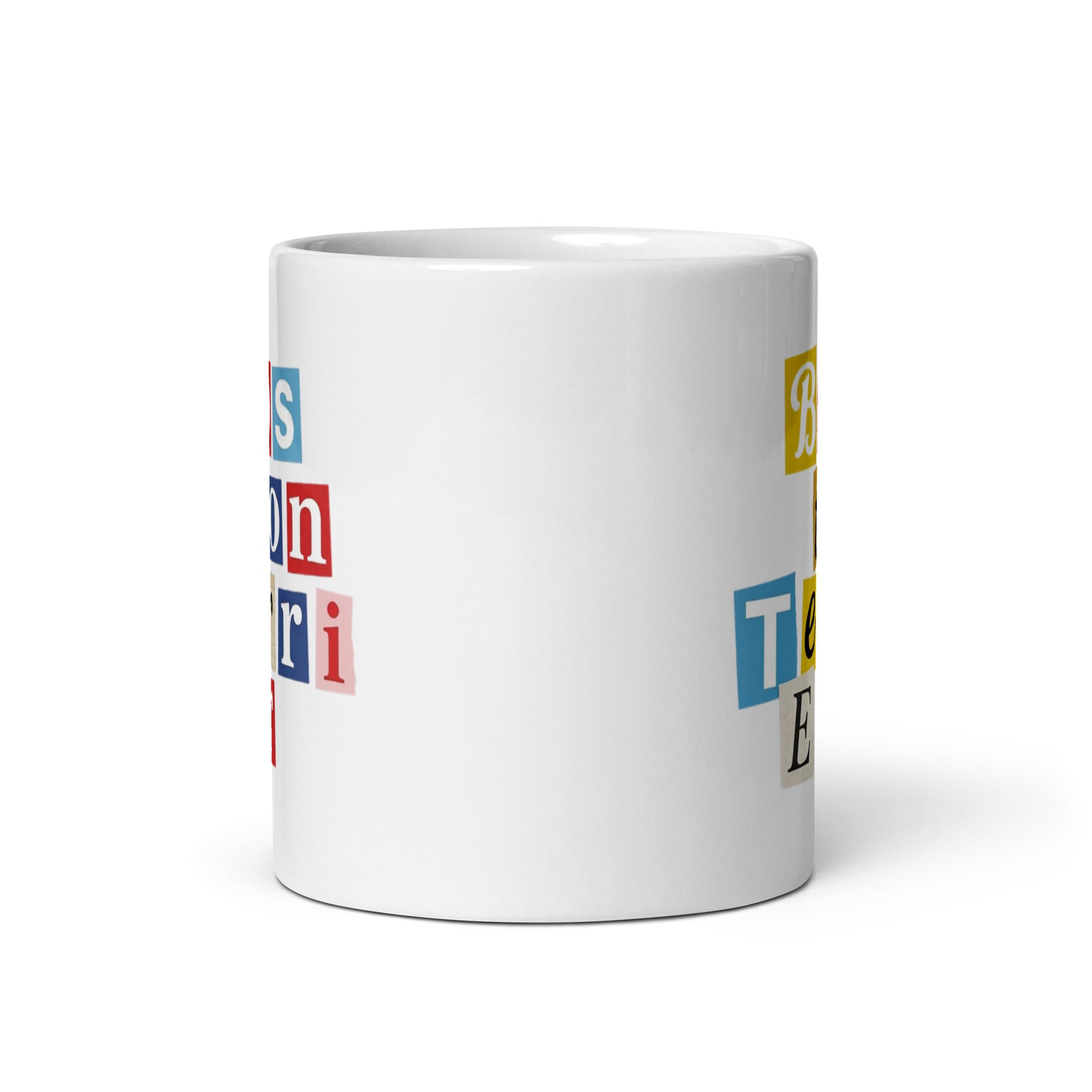 1970s British Punk Ransom Note Boston Terrier White Mug – Vintage Dada Collage Dog Lover Mug .