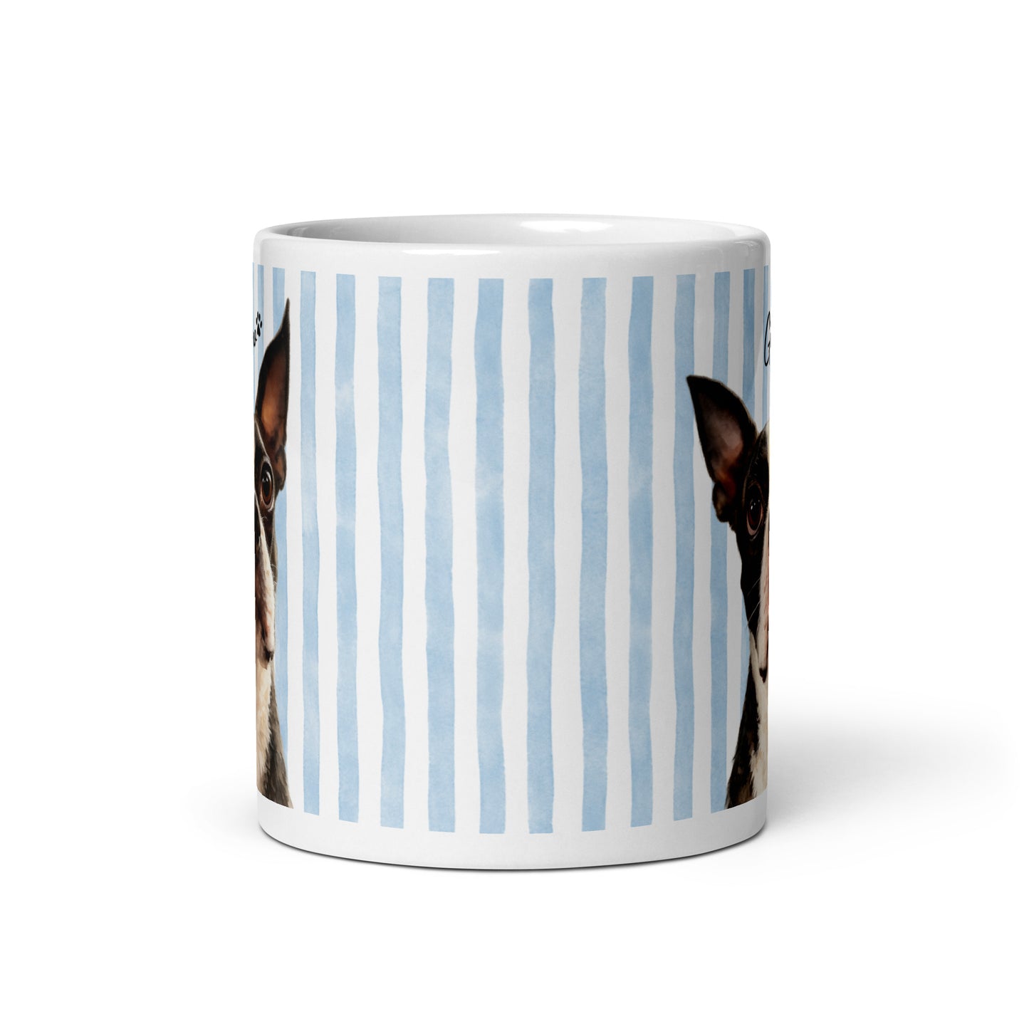 Custom Striped Dog Portrait White Glossy Mug - Watercolor Art Using Photo(s) And Name(s) .
