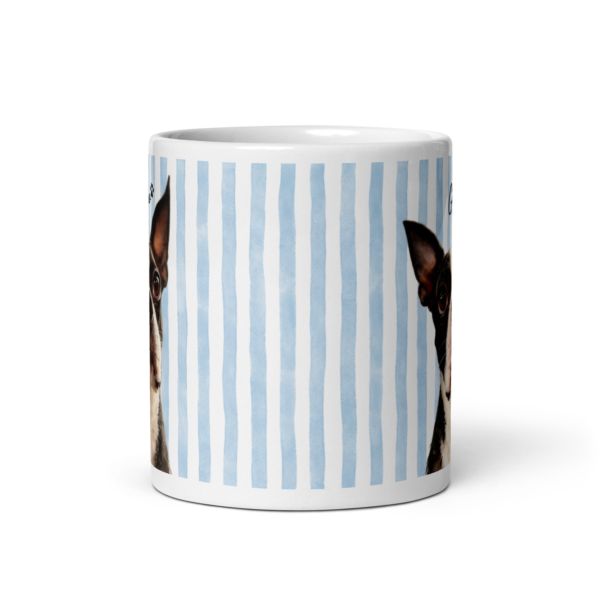 Custom Striped Dog Portrait White Glossy Mug - Watercolor Art Using Photo(s) And Name(s) .