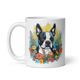 Boston Terrier Surrounded By Flowers White Glossy Mug