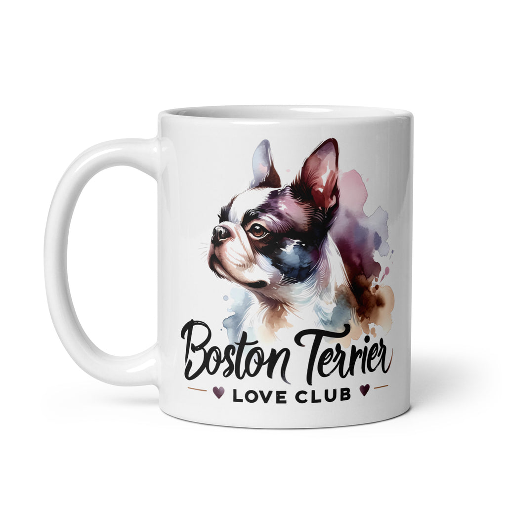 Boston Terrier Love Club - Elegant Watercolor Boston Terrier Art White Glossy Mug