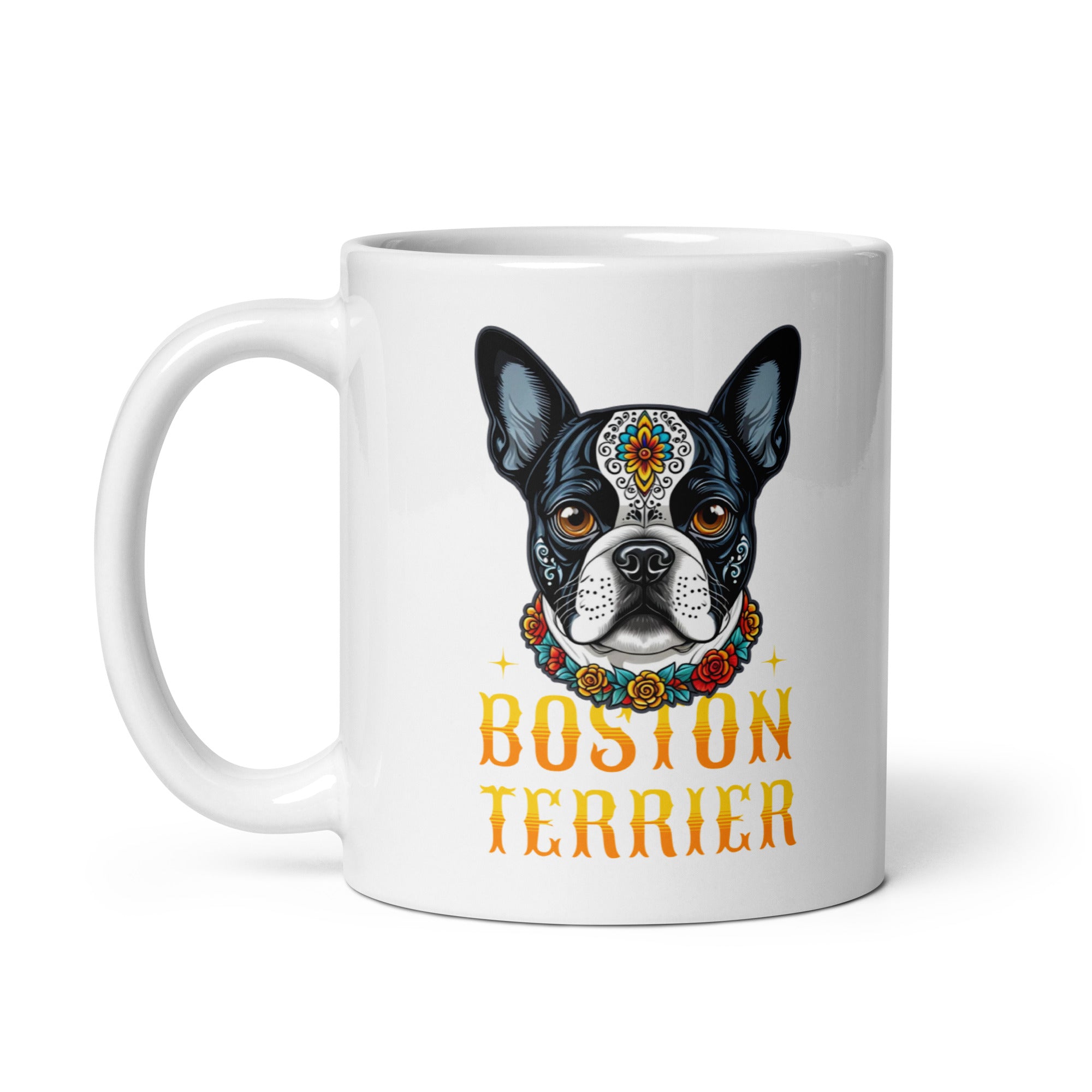 Boston Terrier Dog Sugar Skull White Glossy Mug .