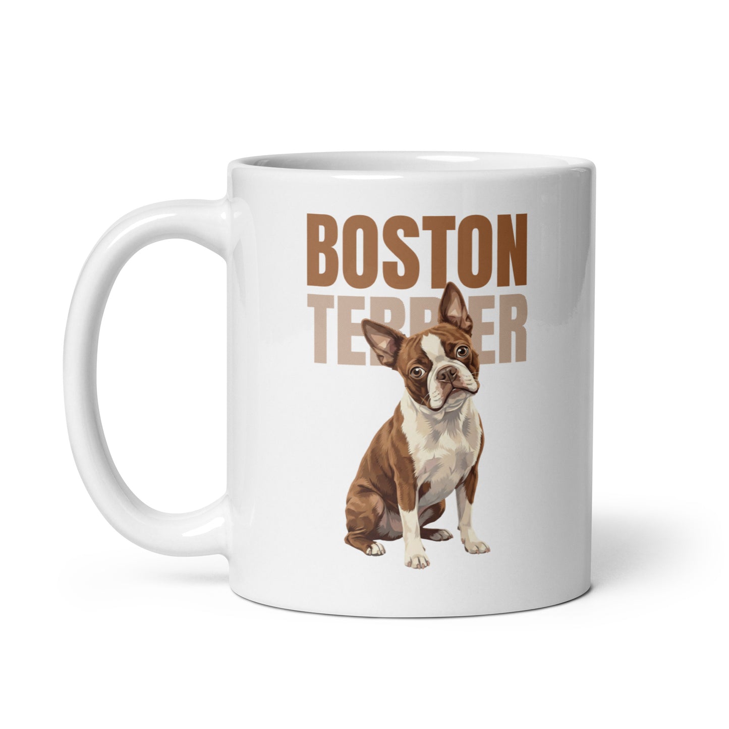 Brown Boston Terrier Dog White Glossy Mug .