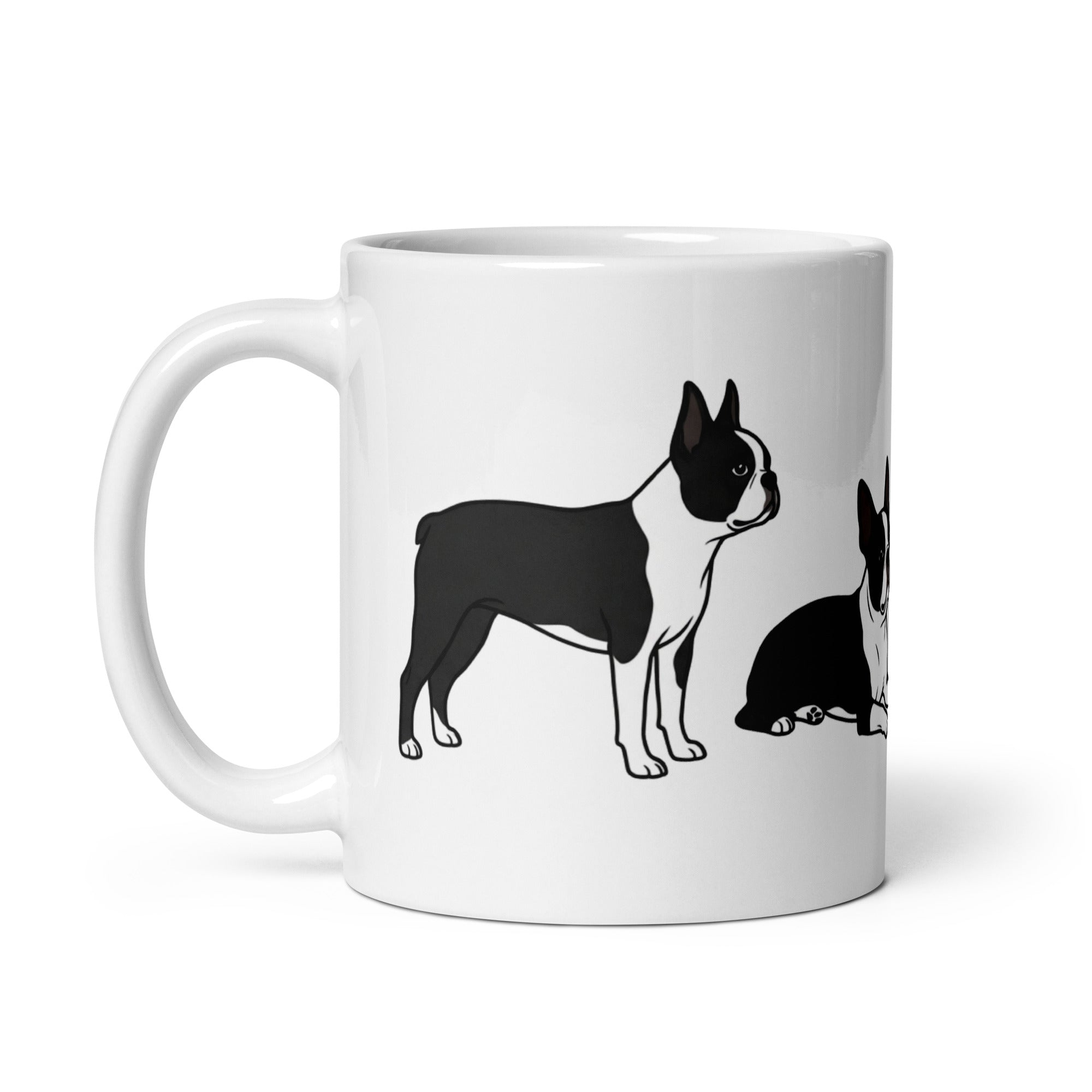 4 Boston Terrier Poses White Glossy Mug .