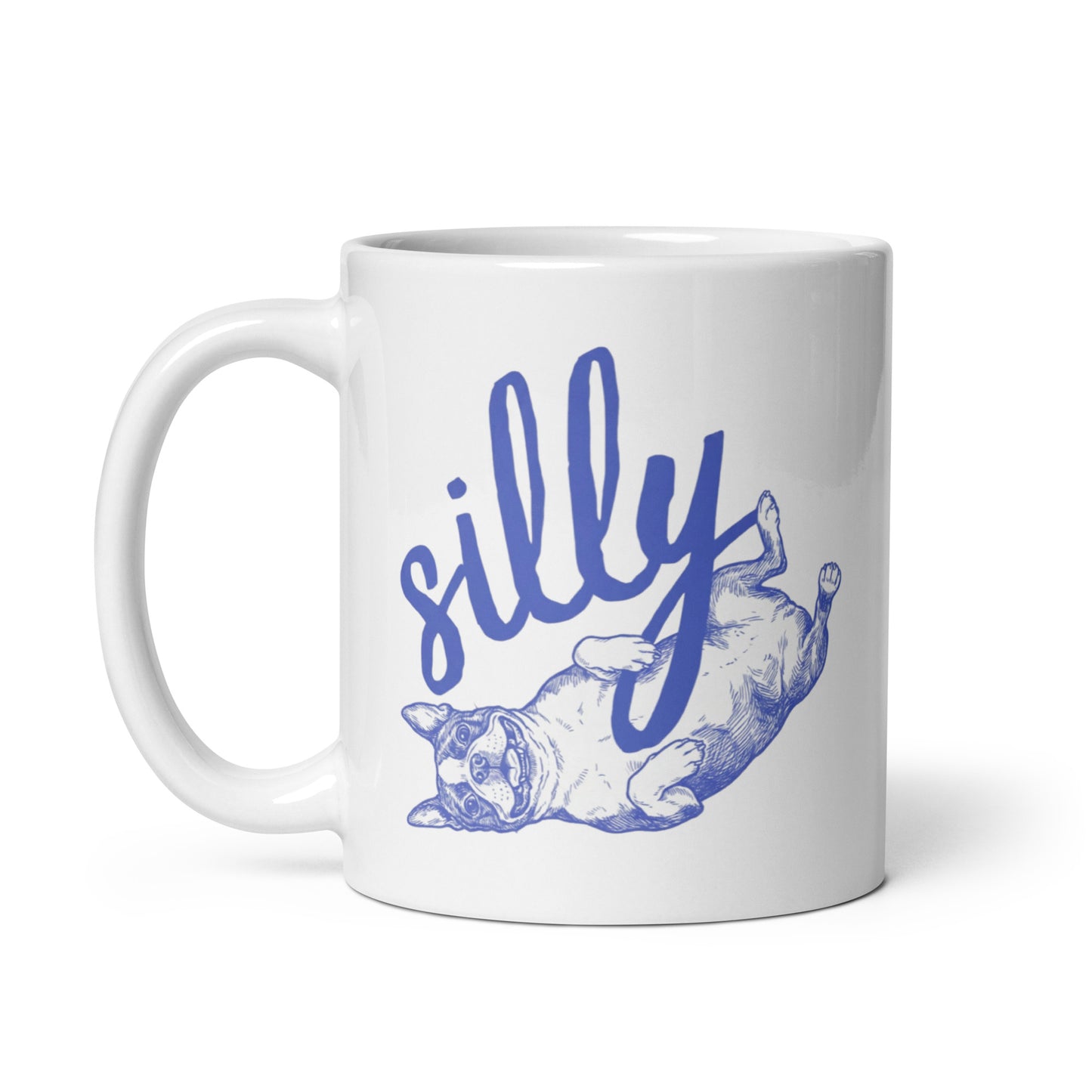 Silly Boston Terrier Dog Upside Down White Glossy Mug .