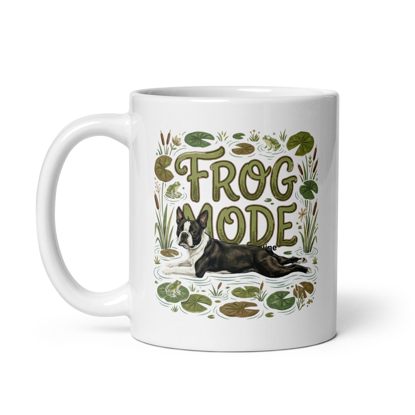 Frog Mode Boston Terrier Dog White Glossy Mug .