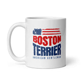 Boston Terrier American Flag White Glossy Mug – 4th of July Patriotic Dog Mug | USA 250th Birthday Mug .