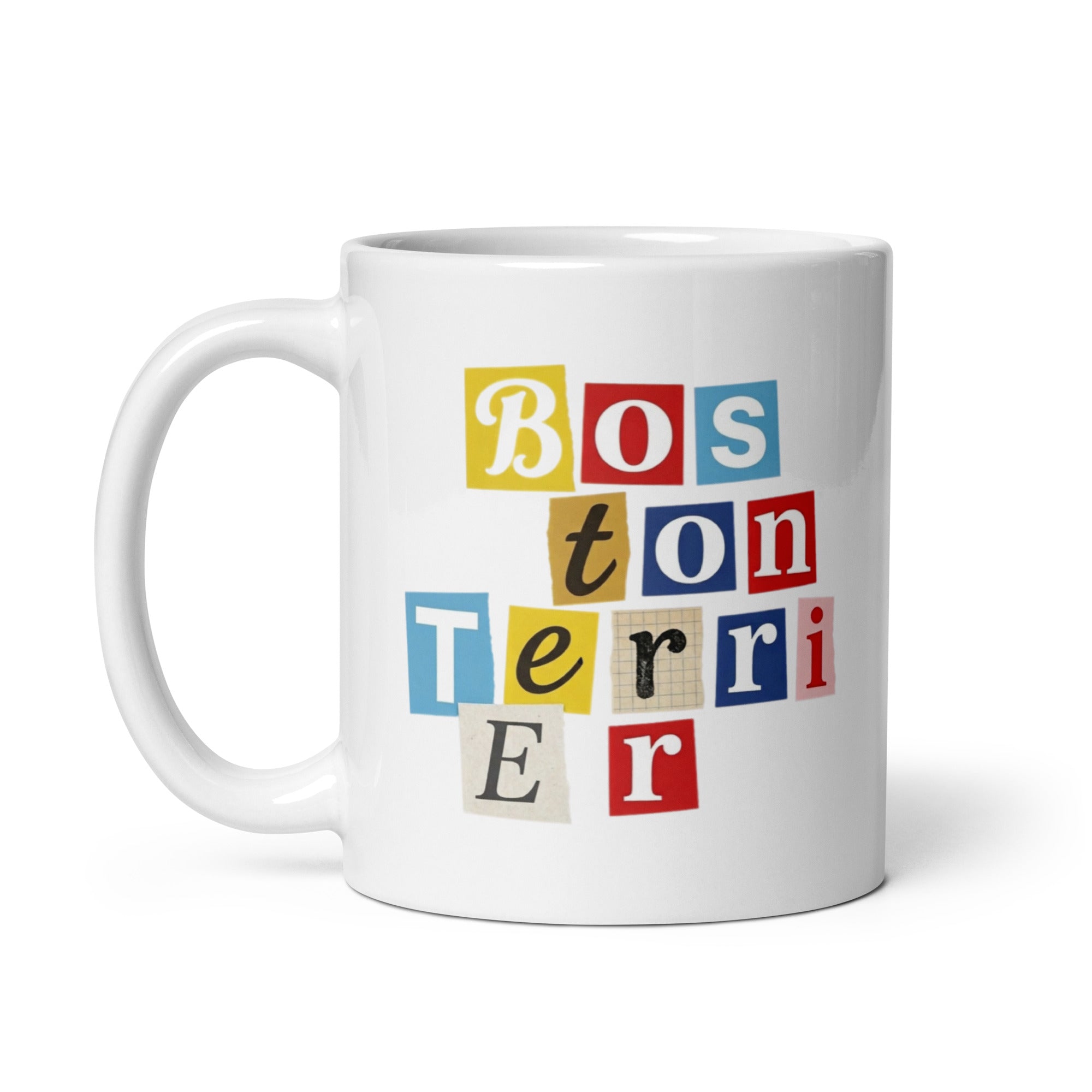 1970s British Punk Ransom Note Boston Terrier White Mug – Vintage Dada Collage Dog Lover Mug .