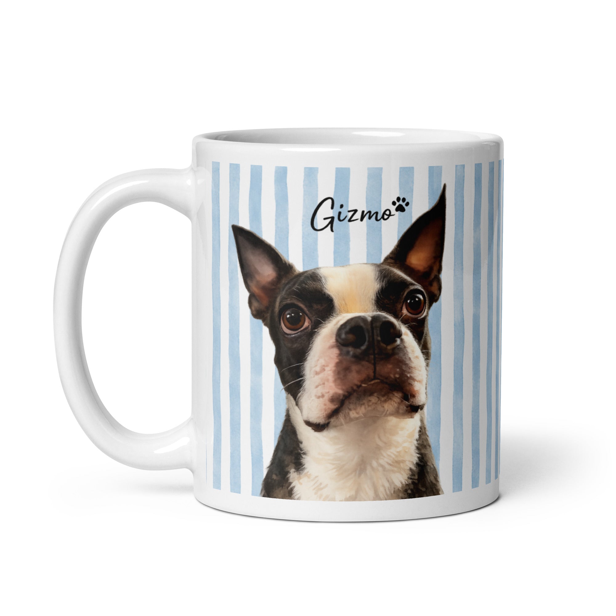 Custom Striped Dog Portrait White Glossy Mug - Watercolor Art Using Photo(s) And Name(s) .