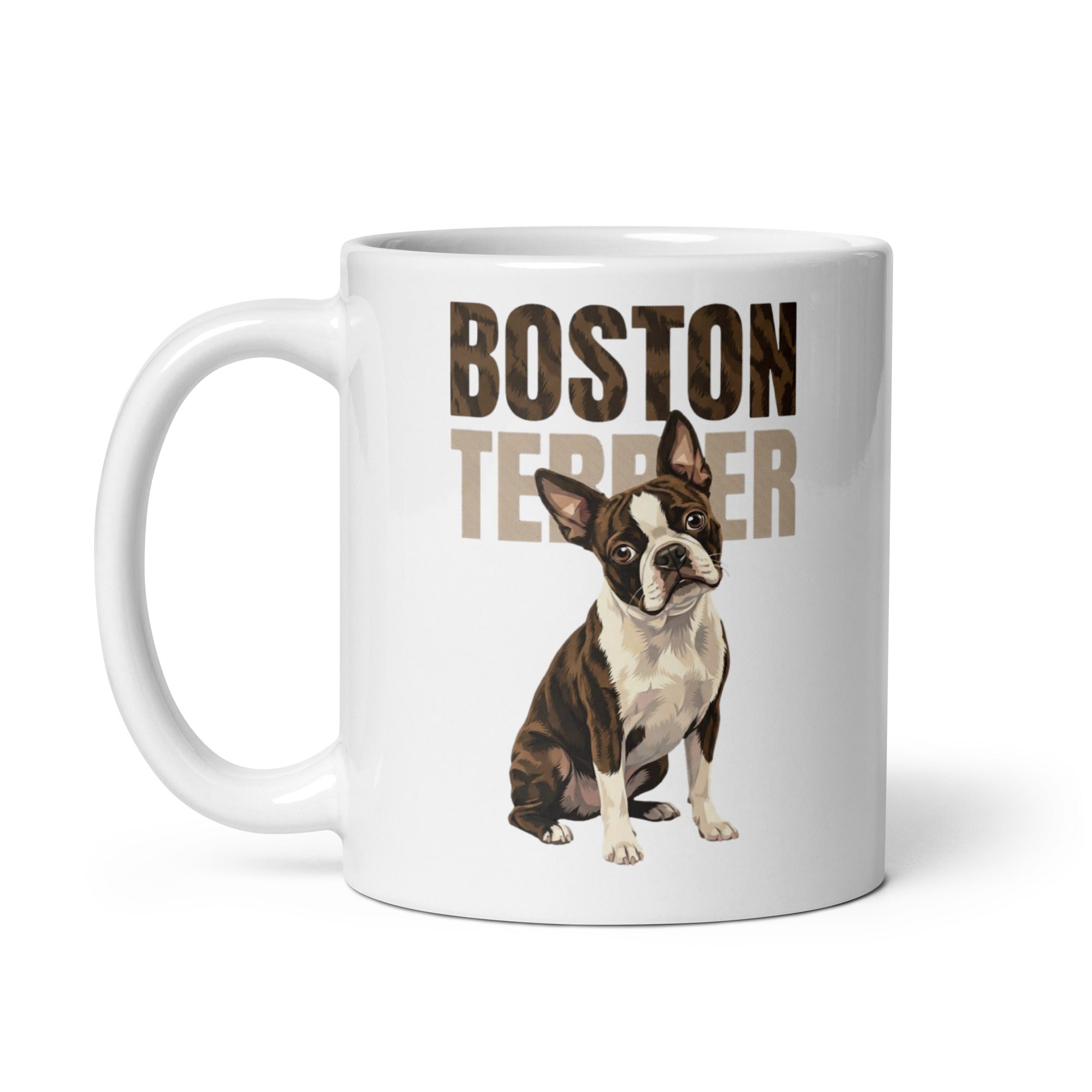 Brindle Boston Terrier Dog White Glossy Mug .