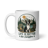 Life Is Better Around the Campfire Boston Terrier Mug, Camping Dog Lover White Glossy Mug .