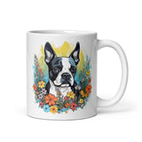 Boston Terrier Surrounded By Flowers White Glossy Mug