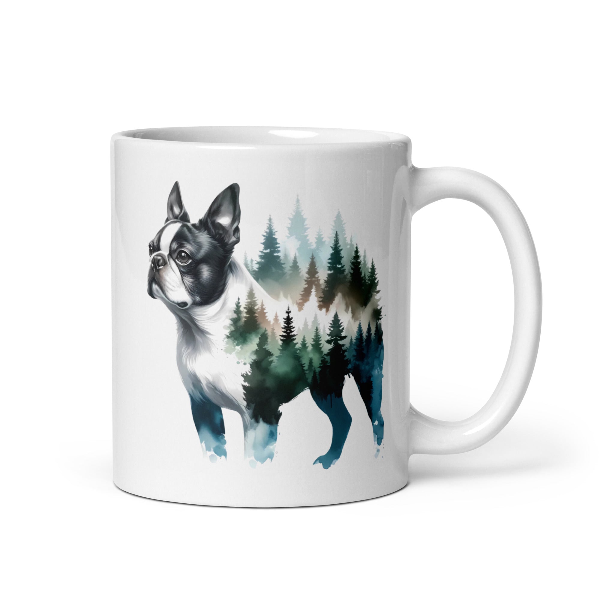 Watercolor Forest Boston Terrier Dog Portrait White Glossy Mug . 11 oz