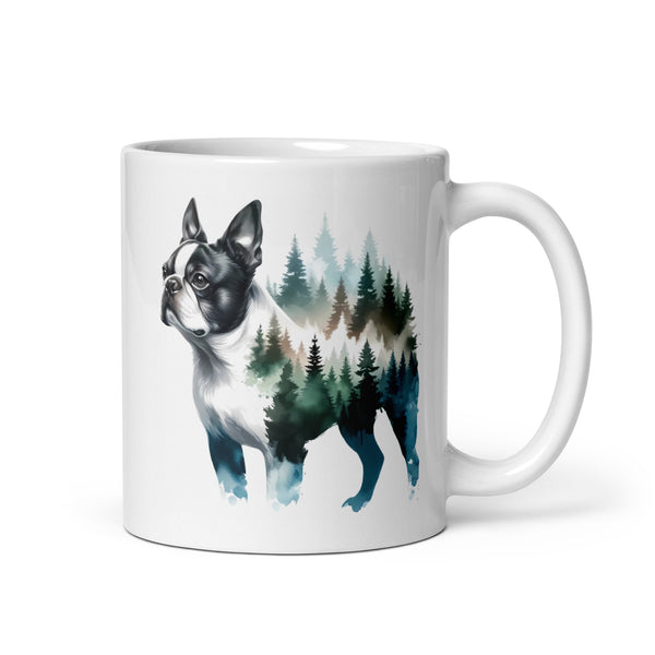 Watercolor Forest Boston Terrier Dog Portrait White Glossy Mug