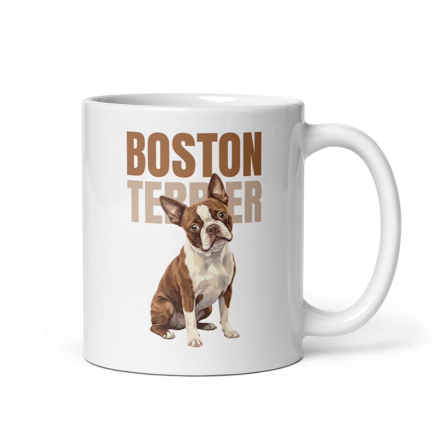 Brown Boston Terrier Dog White Glossy Mug . 11 oz