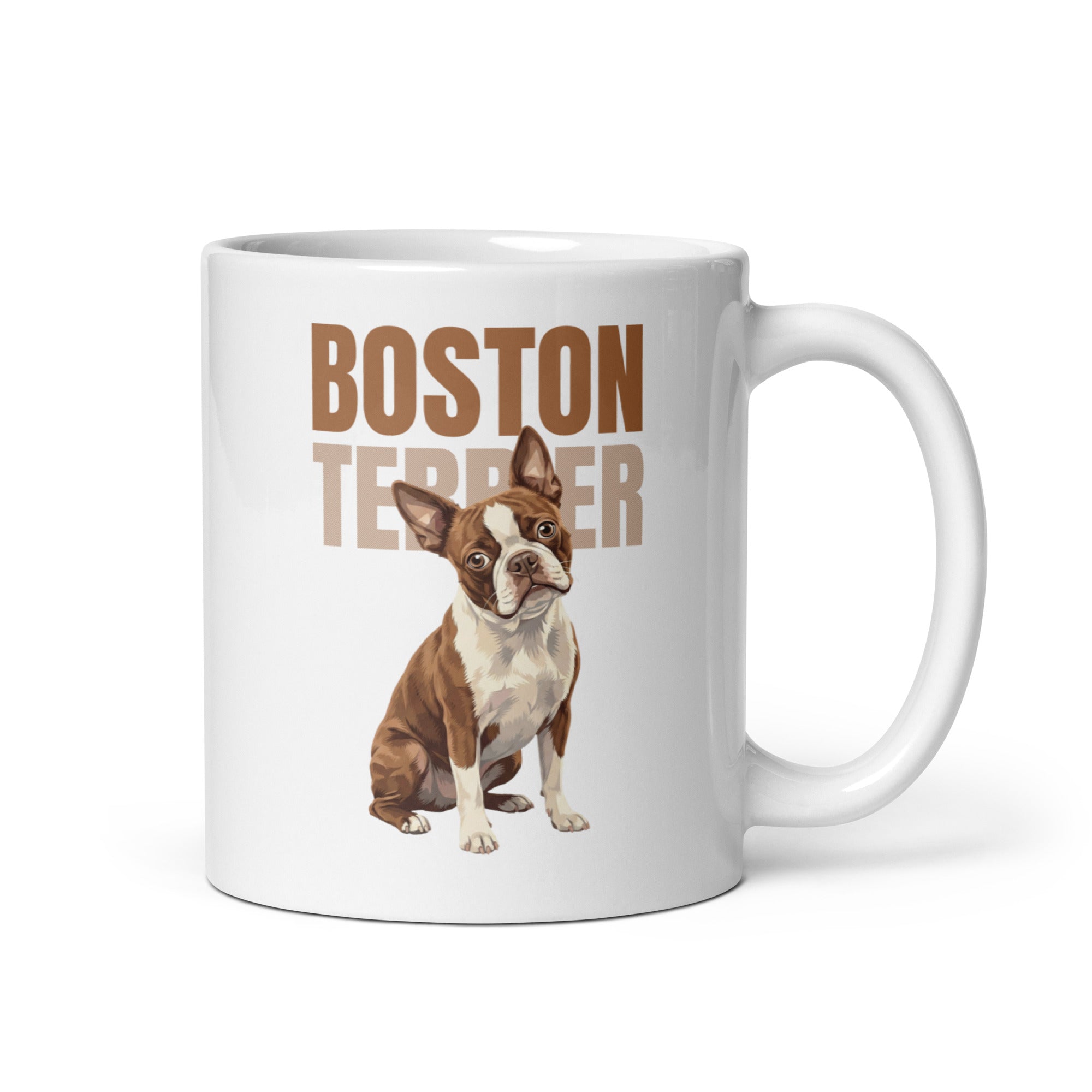 Brown Boston Terrier Dog White Glossy Mug . 11 oz