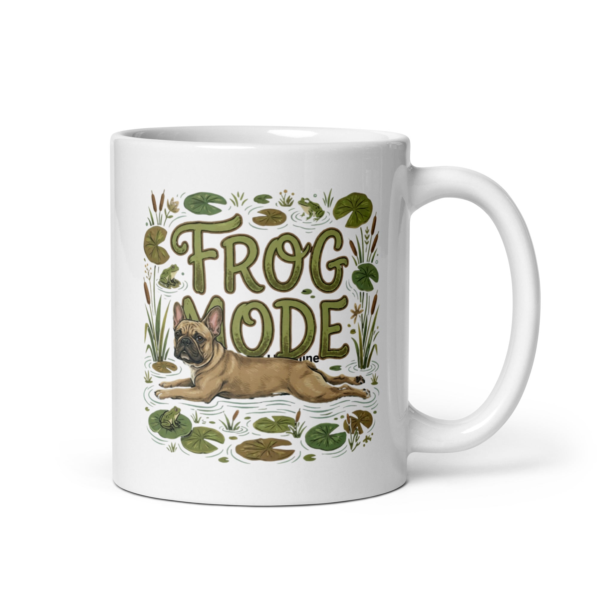 Frog Mode French Bulldog White Glossy Mug . 11 oz