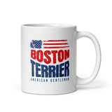 Boston Terrier American Flag White Glossy Mug – 4th of July Patriotic Dog Mug | USA 250th Birthday Mug . 11 oz