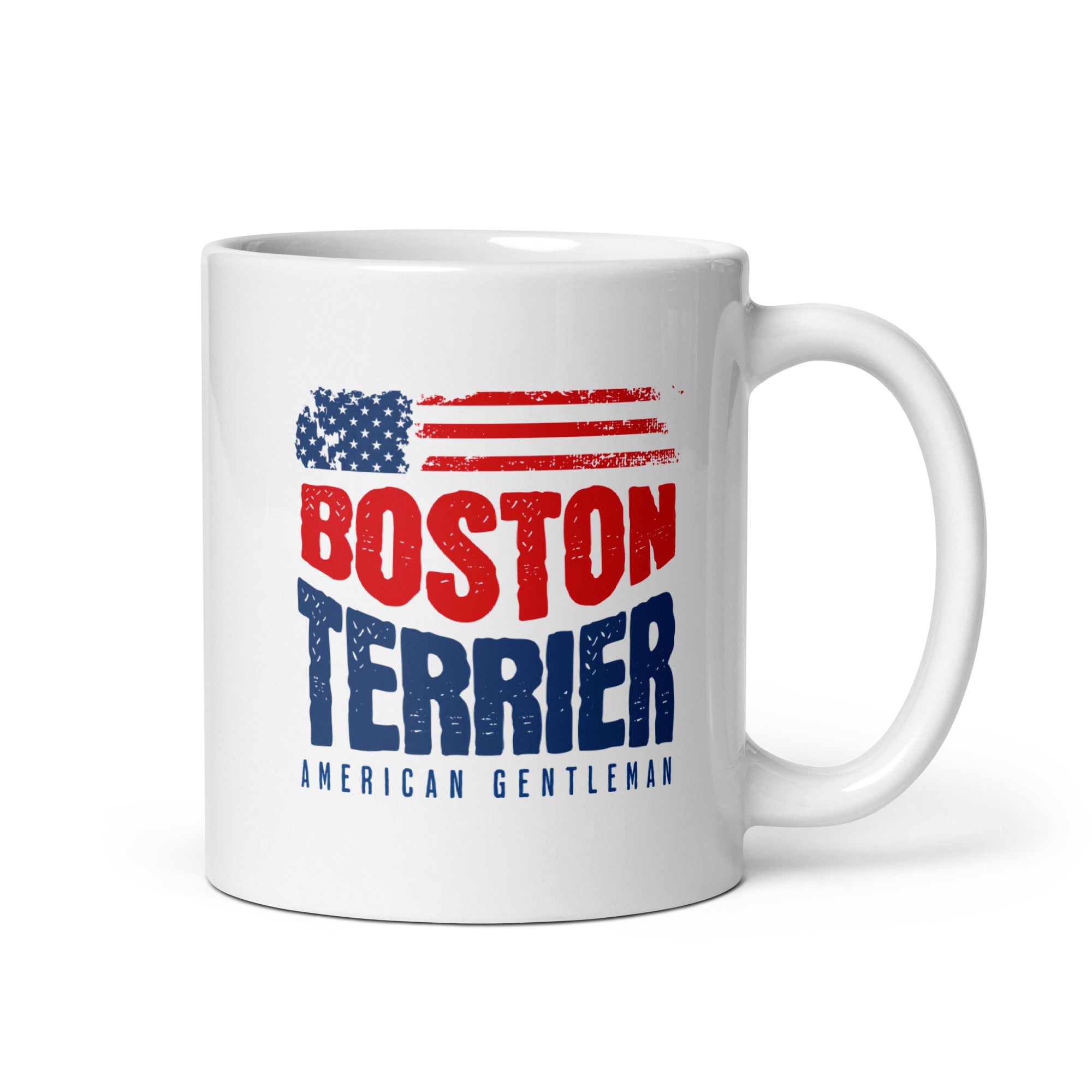 Boston Terrier American Flag White Glossy Mug – 4th of July Patriotic Dog Mug | USA 250th Birthday Mug . 11 oz