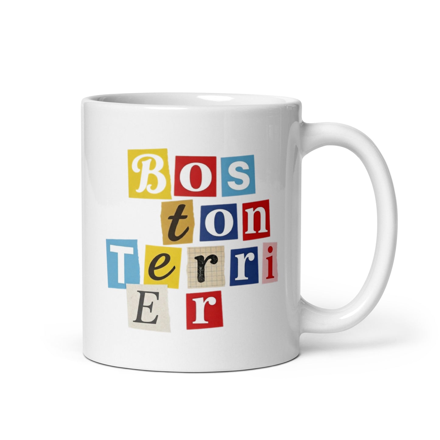 1970s British Punk Ransom Note Boston Terrier White Mug – Vintage Dada Collage Dog Lover Mug . 11 oz