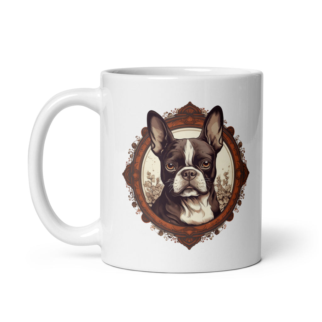 Vintage-Inspired Red Brown Boston Terrier White Glossy Mug