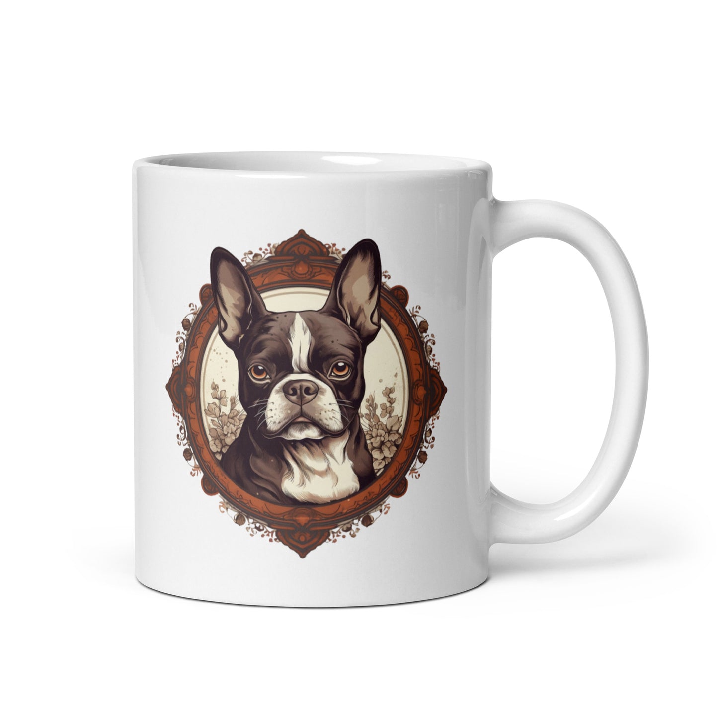 Vintage-Inspired Red Brown Boston Terrier White Glossy Mug