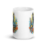 Boston Terrier Surrounded By Flowers White Glossy Mug