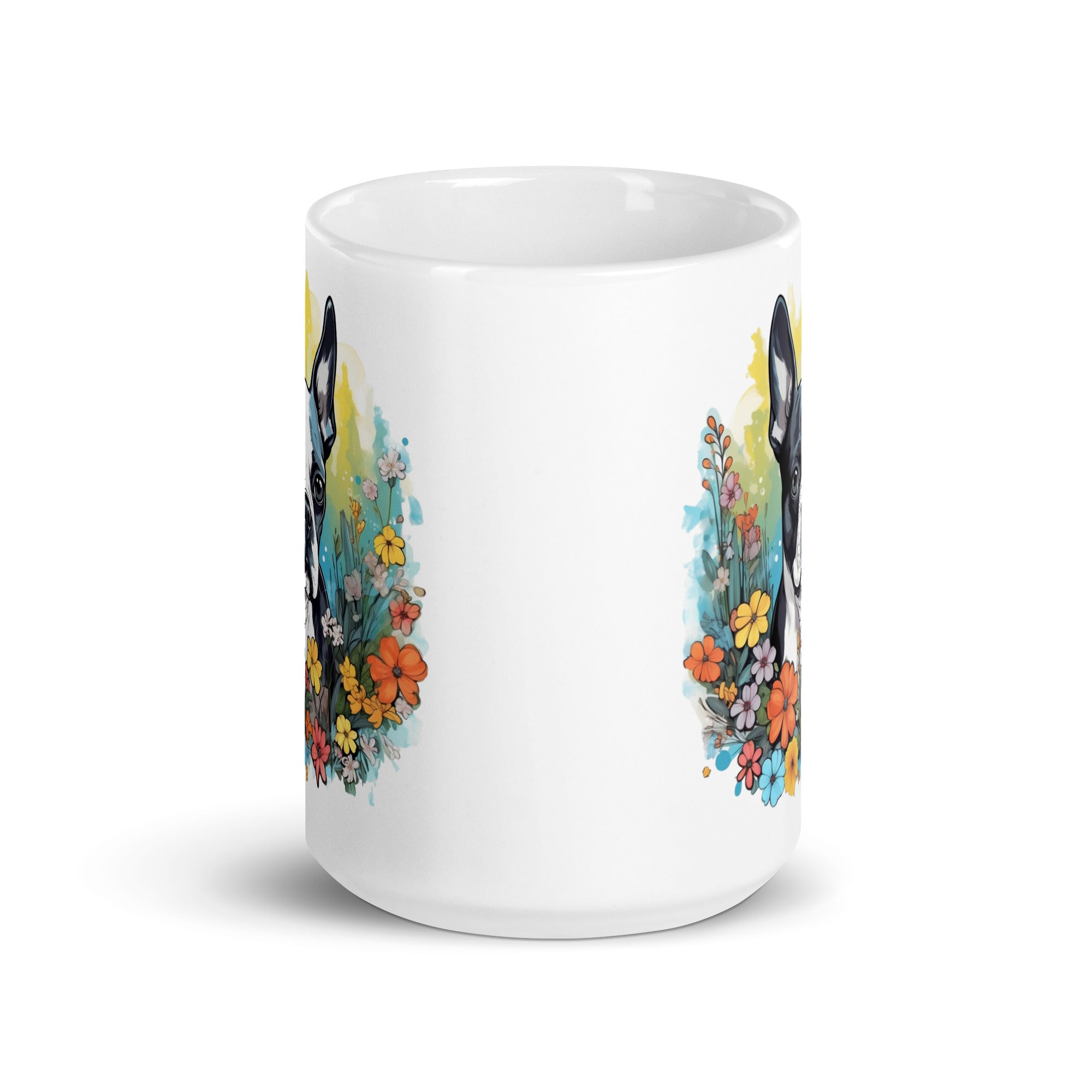 Boston Terrier Surrounded By Flowers White Glossy Mug