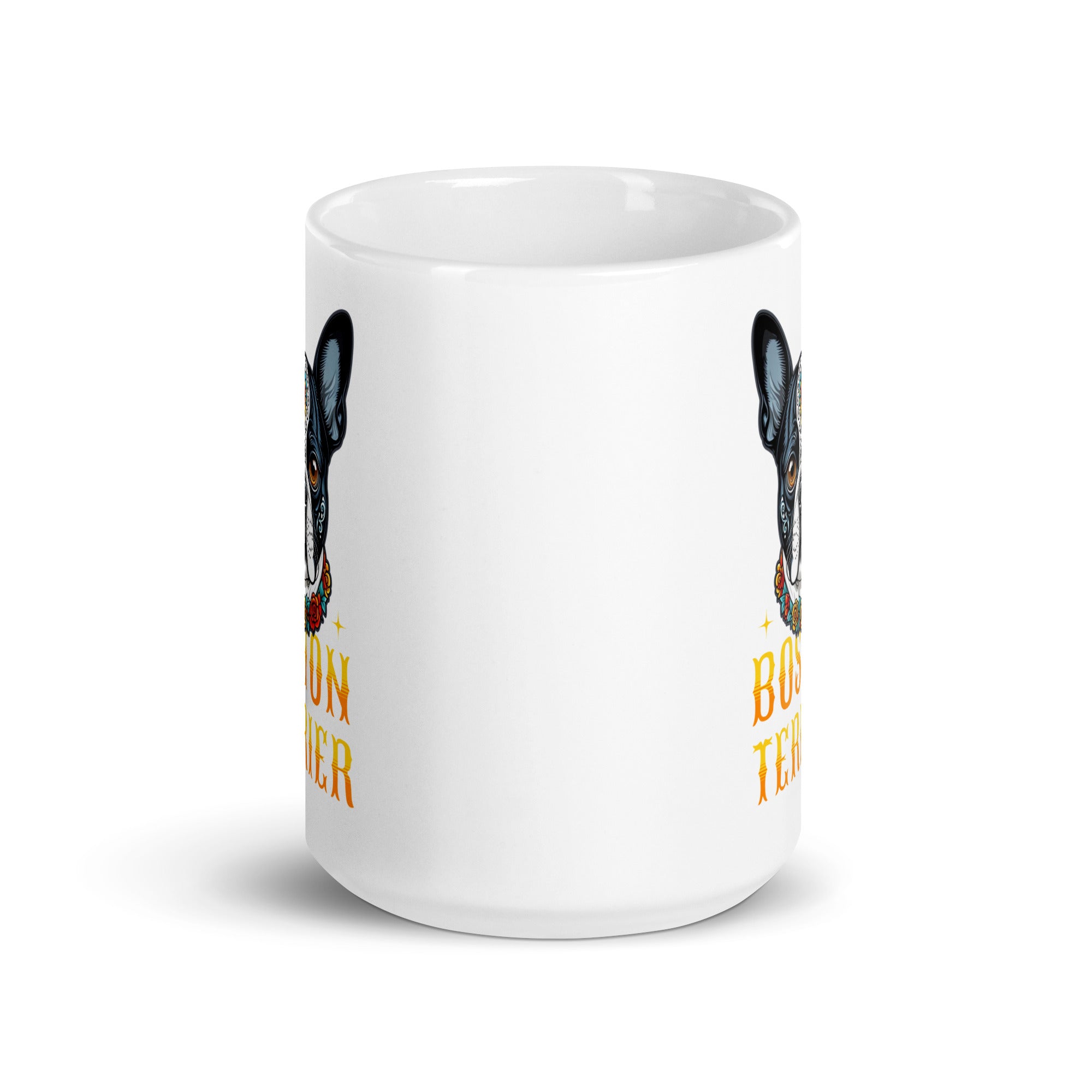 Boston Terrier Dog Sugar Skull White Glossy Mug .
