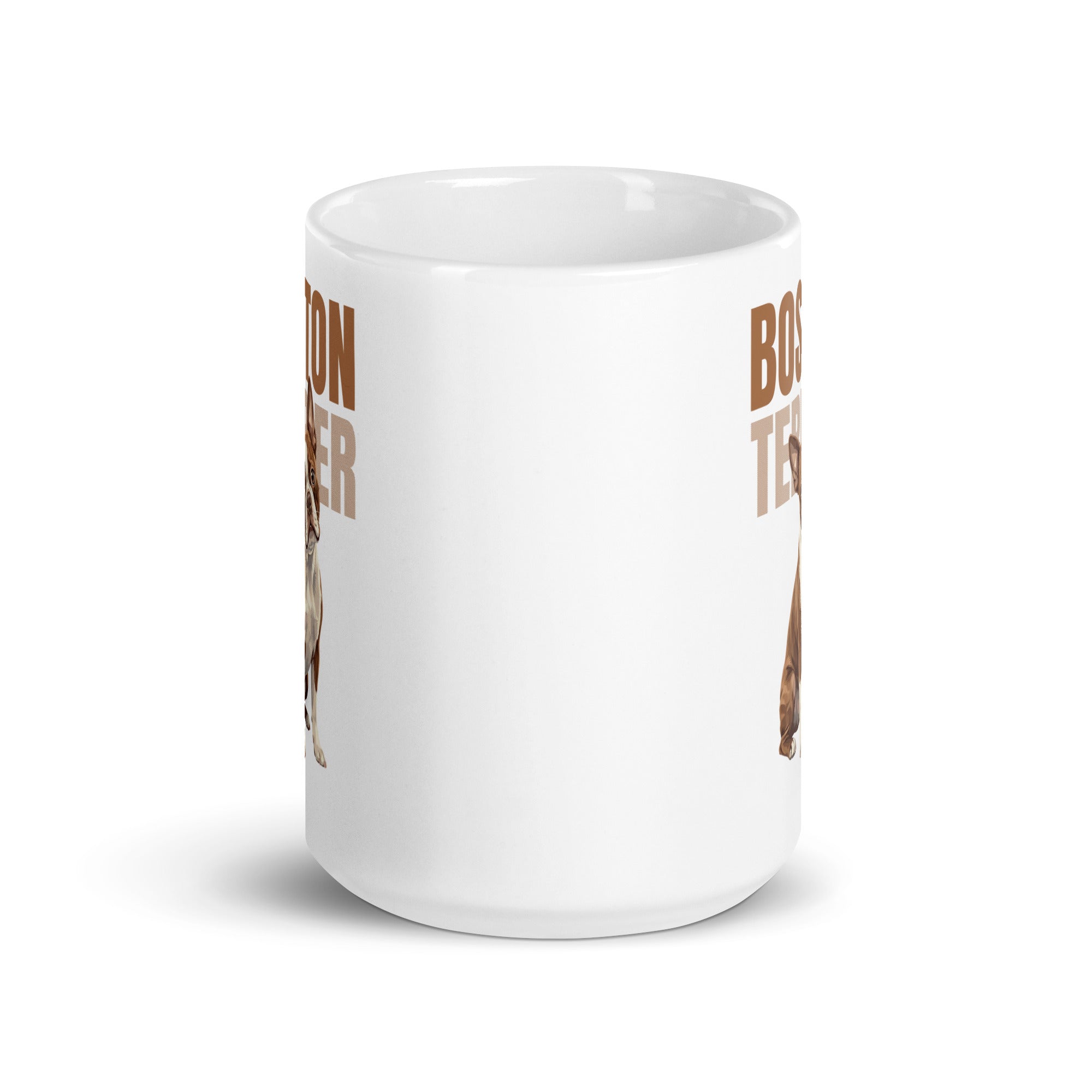Brown Boston Terrier Dog White Glossy Mug .
