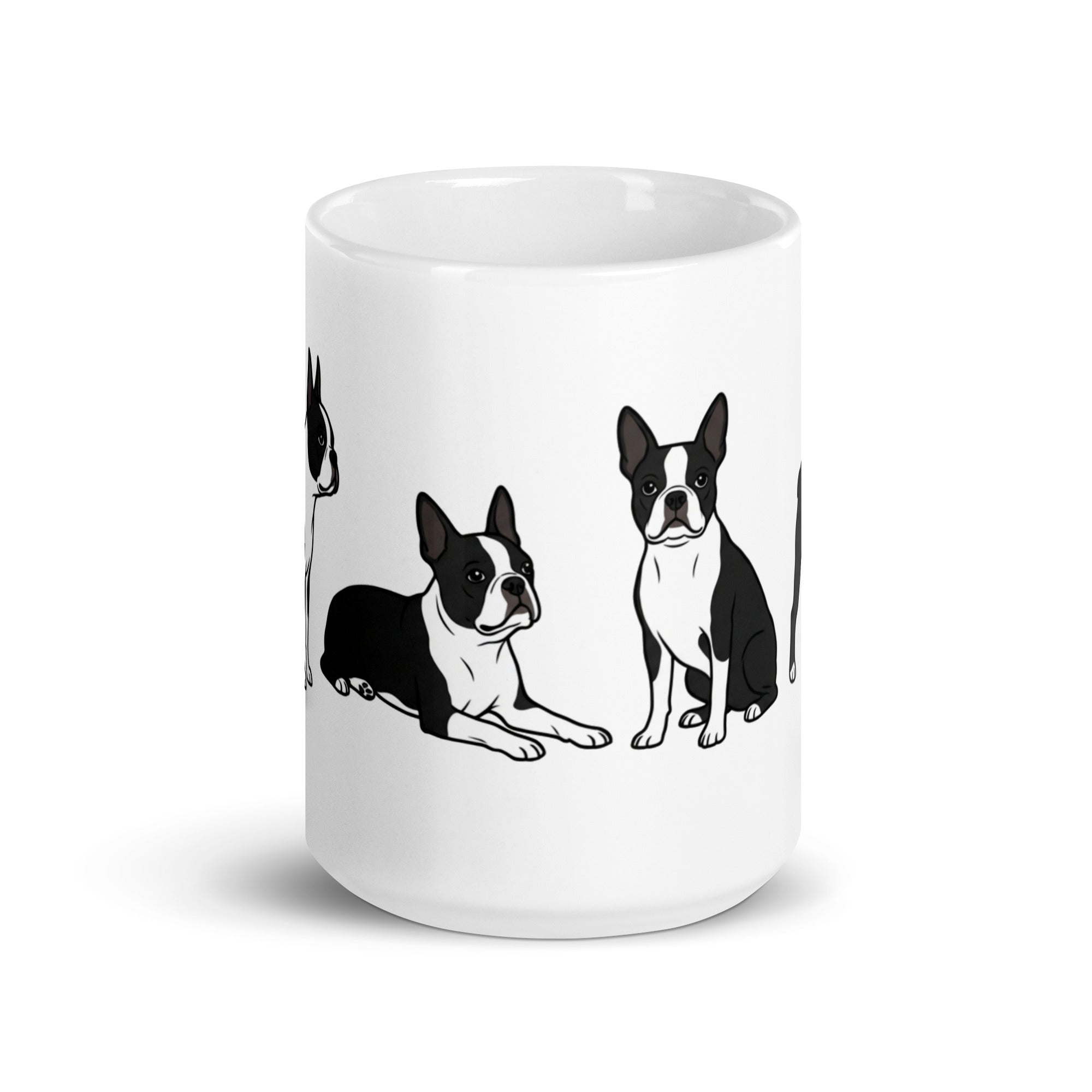 4 Boston Terrier Poses White Glossy Mug .
