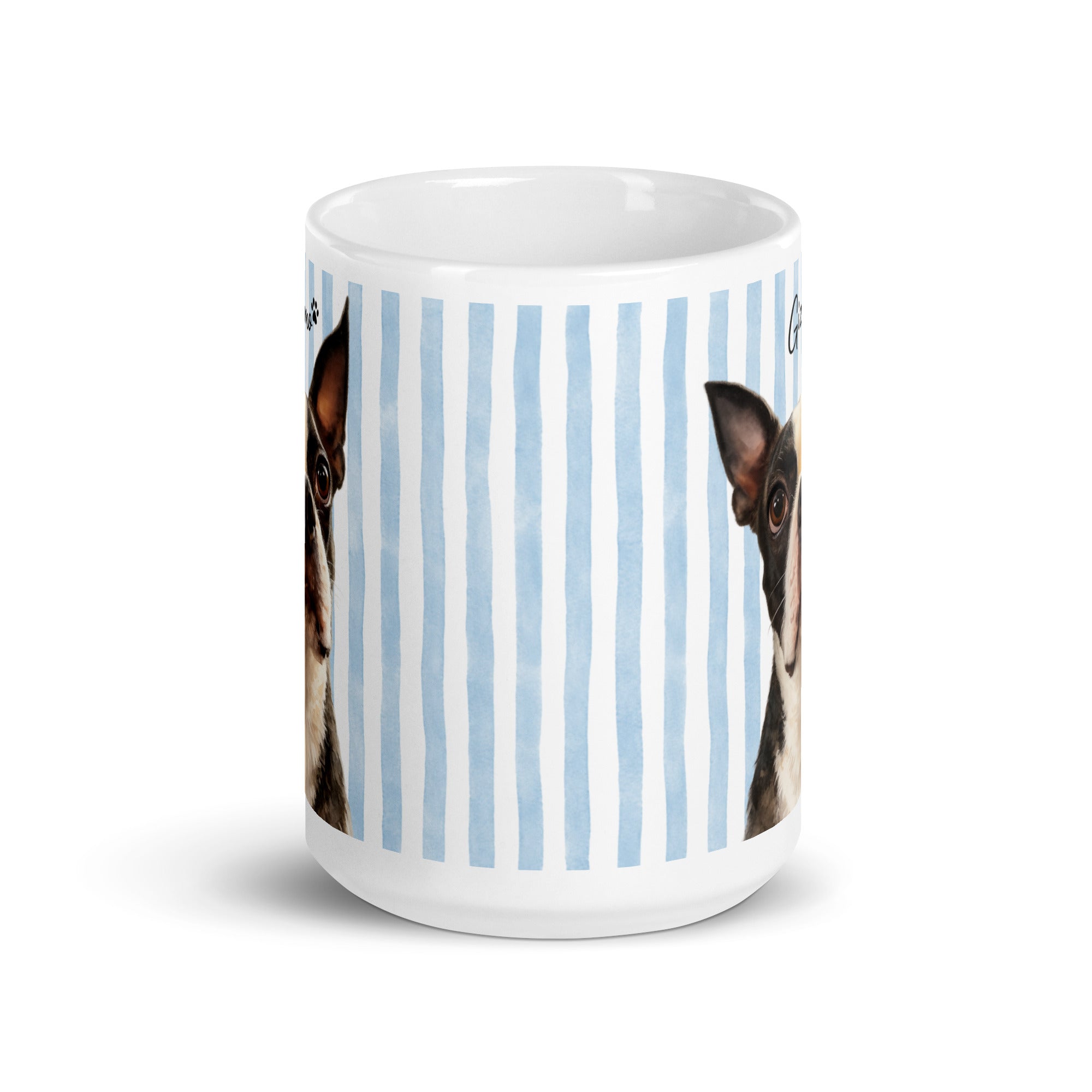 Custom Striped Dog Portrait White Glossy Mug - Watercolor Art Using Photo(s) And Name(s) .
