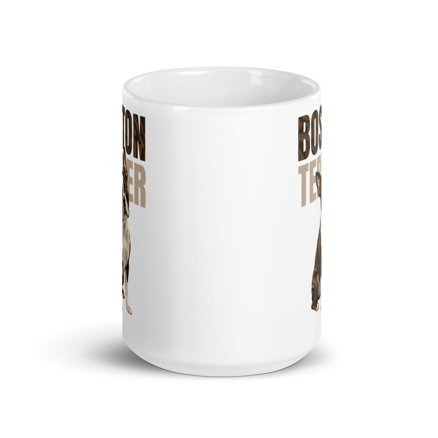 Brindle Boston Terrier Dog White Glossy Mug .