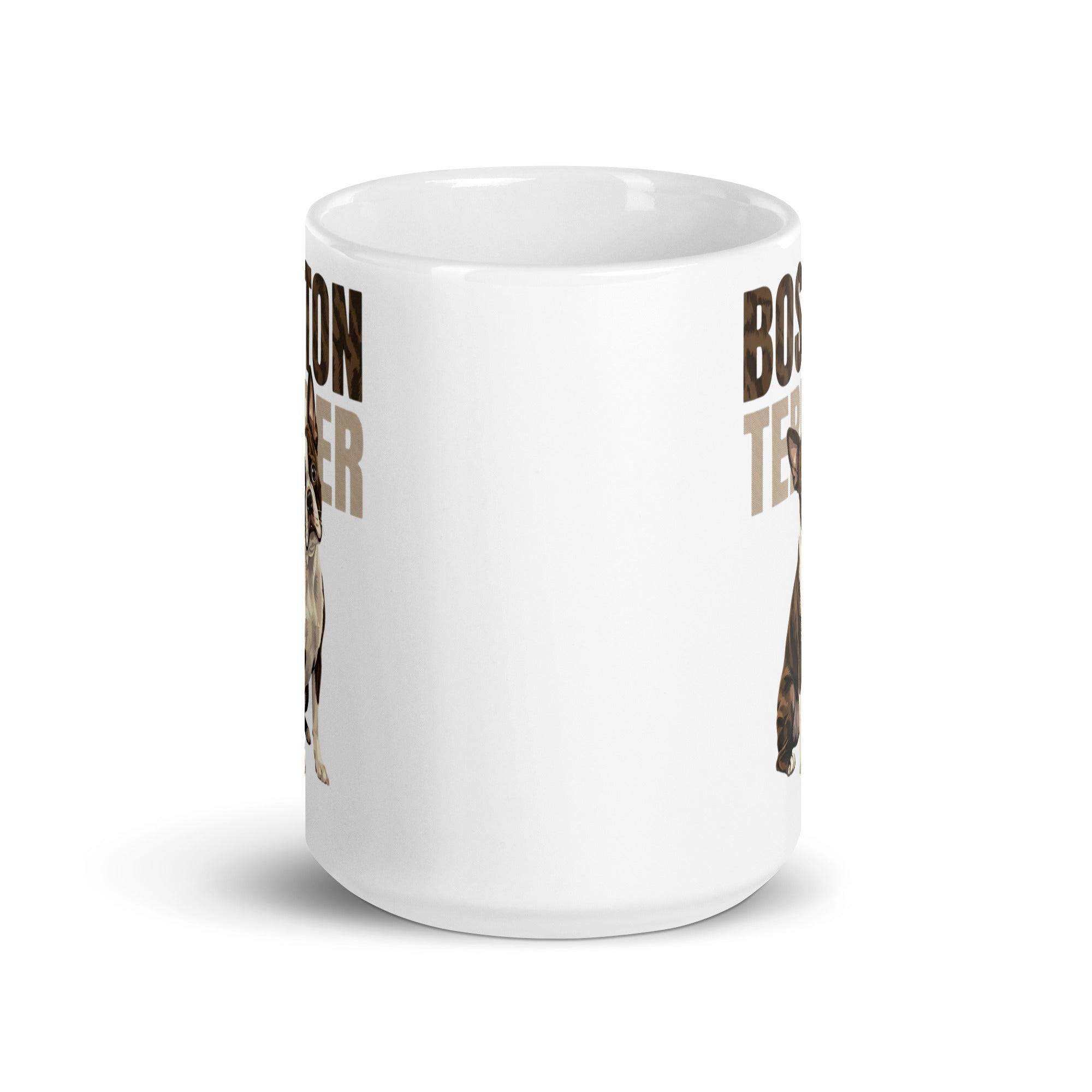 Brindle Boston Terrier Dog White Glossy Mug .