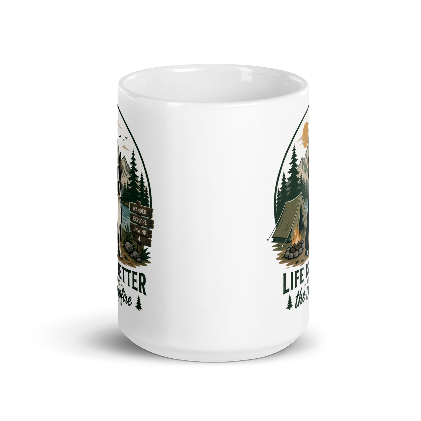 Life Is Better Around the Campfire Boston Terrier Mug, Camping Dog Lover White Glossy Mug .