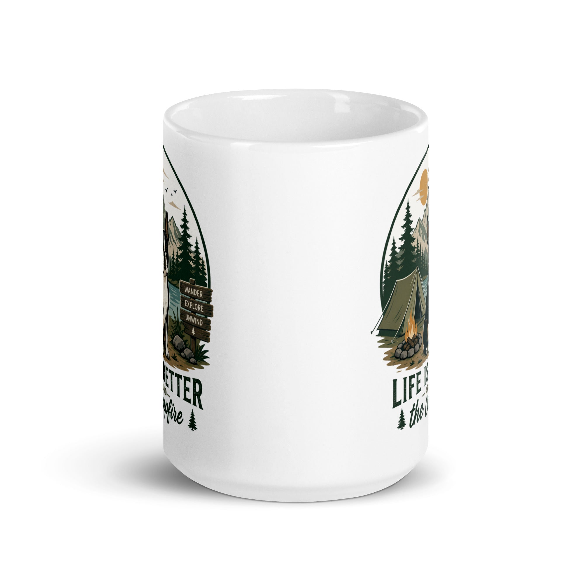 Life Is Better Around the Campfire Boston Terrier Mug, Camping Dog Lover White Glossy Mug .