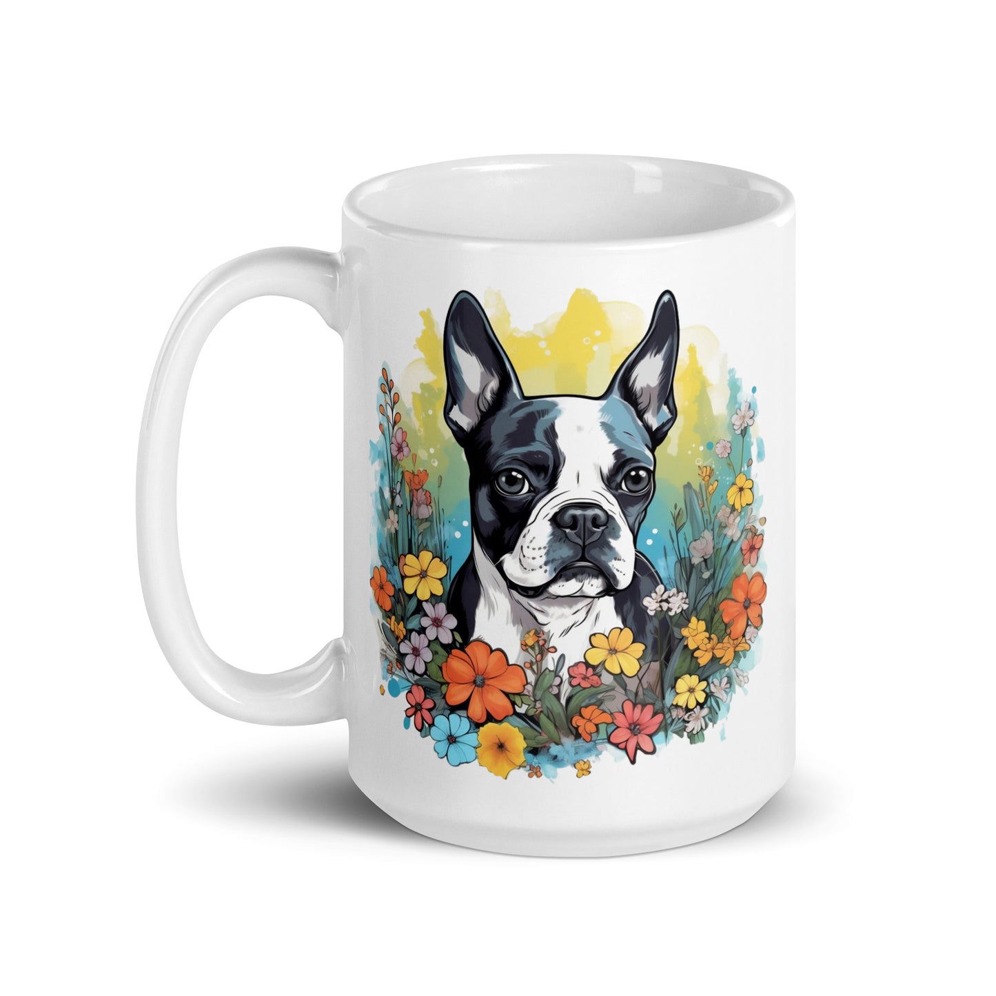 Boston Terrier Surrounded By Flowers White Glossy Mug