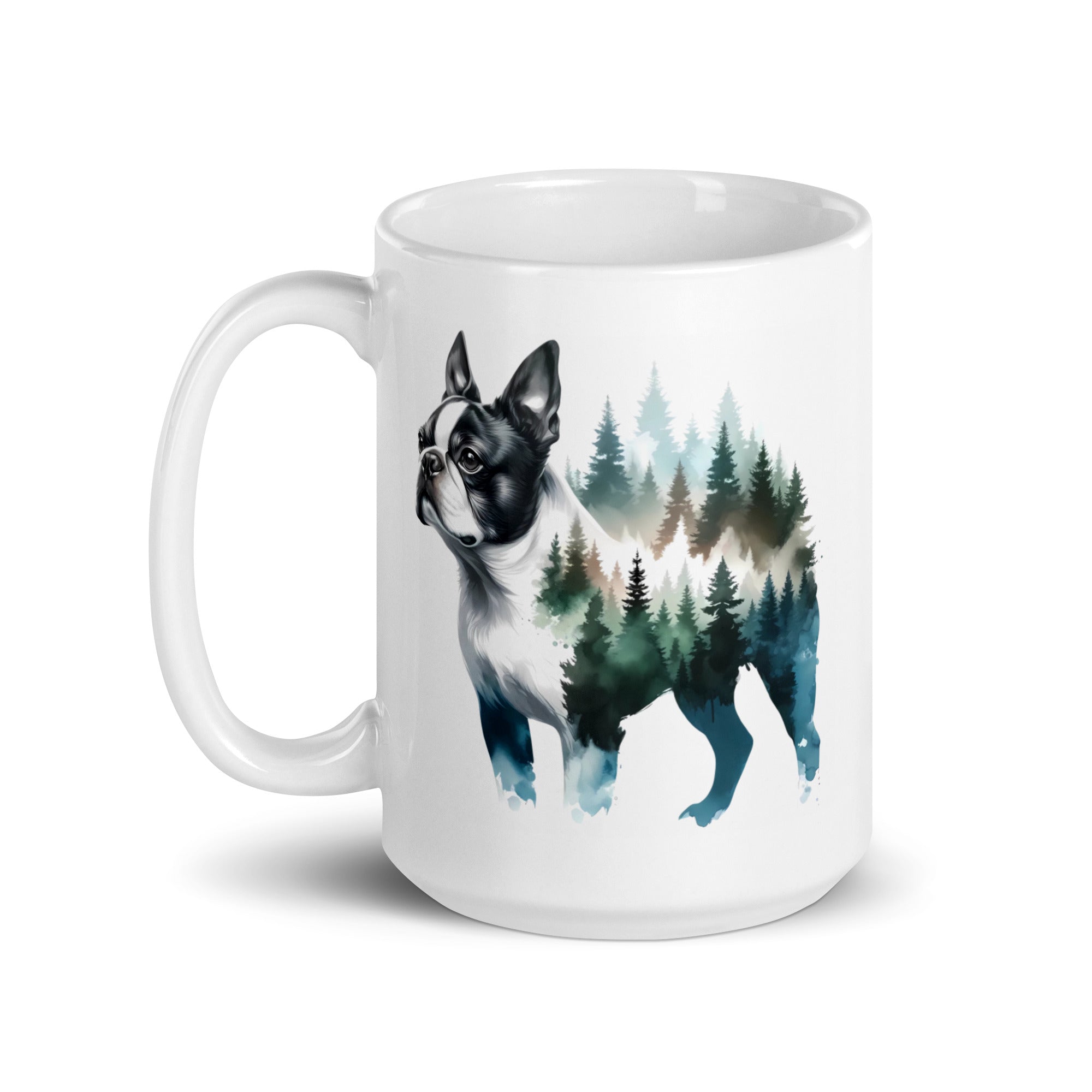Watercolor Forest Boston Terrier Dog Portrait White Glossy Mug .